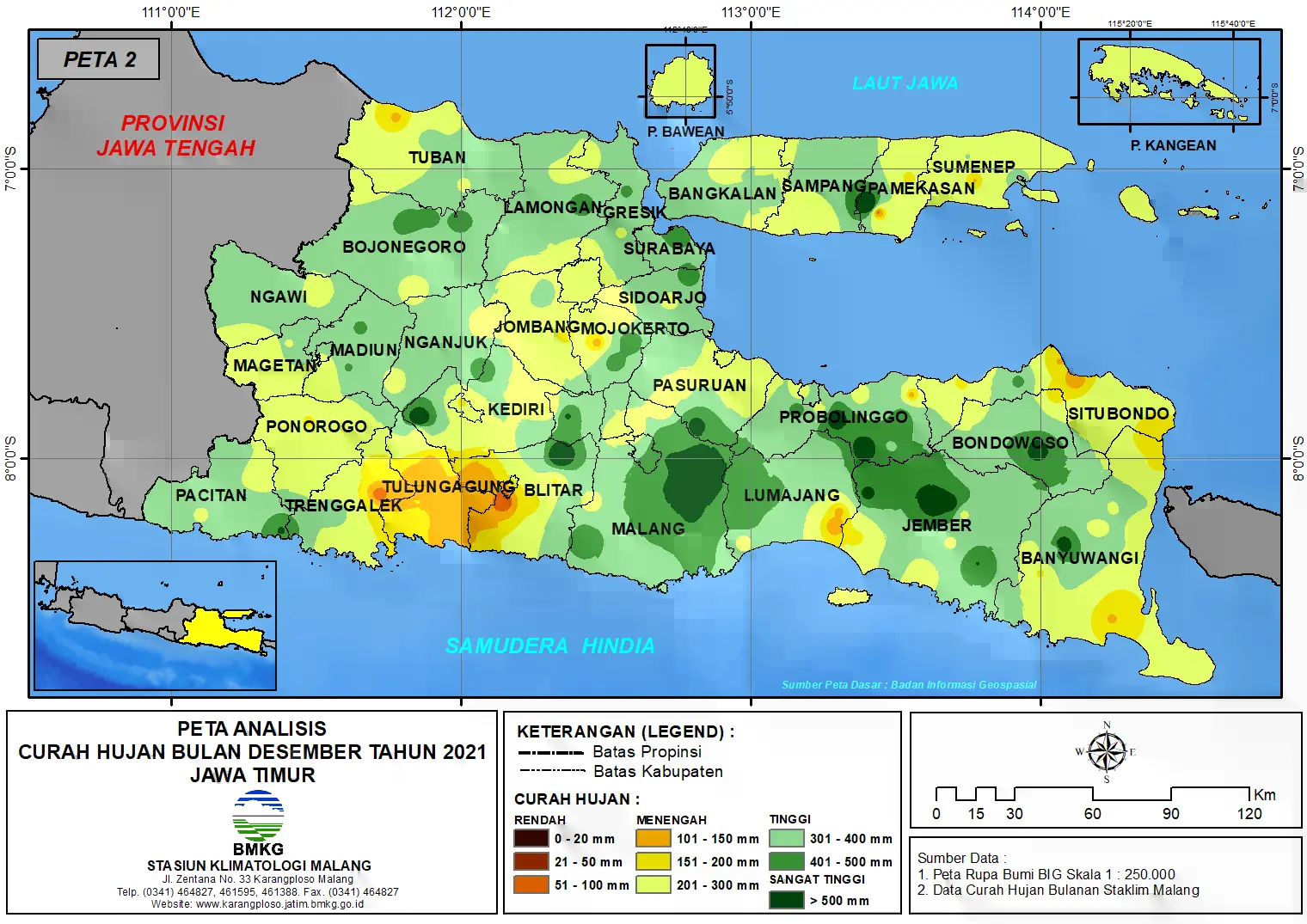 (Analisis - Bulanan) Distribusi Curah Hujan Bulan Desember Tahun 2021 di Provinsi Jawa Timur