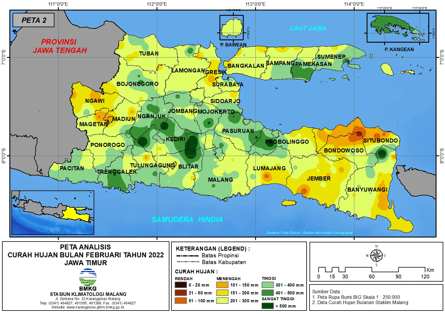 ( Analisis - Bulanan ) Distribusi Curah Hujan Bulan Februari Tahun 2022 di Provinsi Jawa Timur