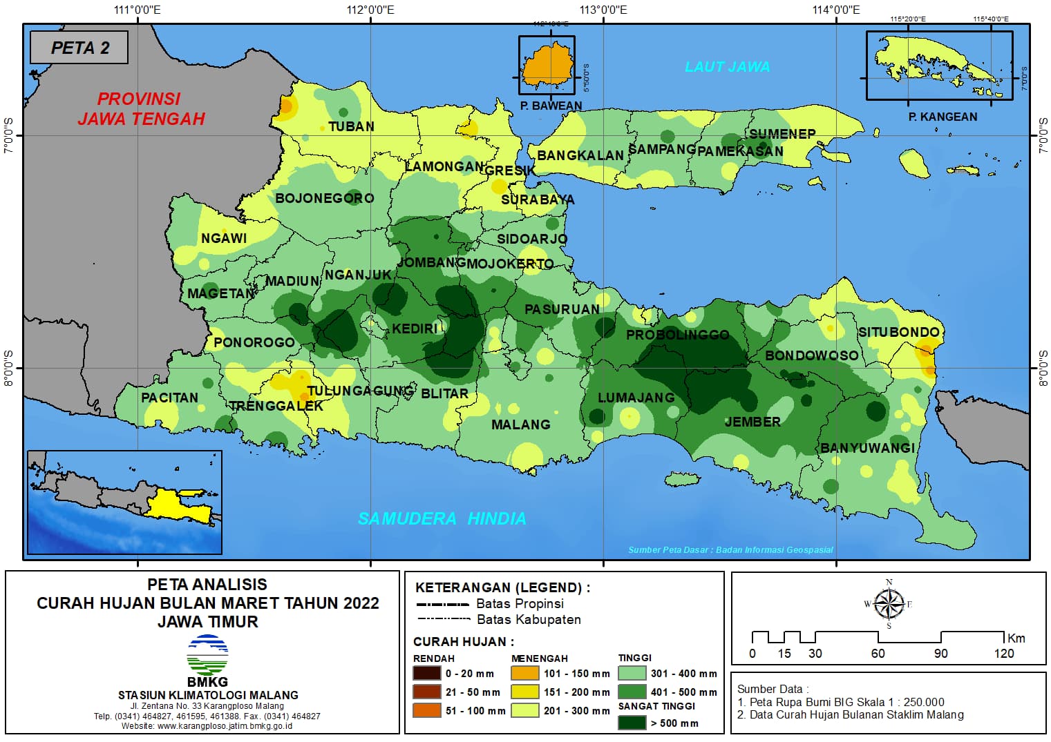( Analisis - Bulanan ) Distribusi Curah Hujan Bulan Maret Tahun 2022 di Provinsi Jawa Timur