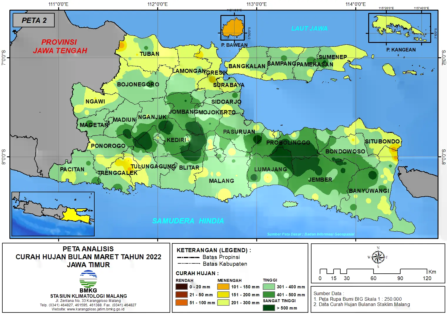 ( Analisis - Bulanan ) Distribusi Curah Hujan Bulan Maret Tahun 2022 di Provinsi Jawa Timur