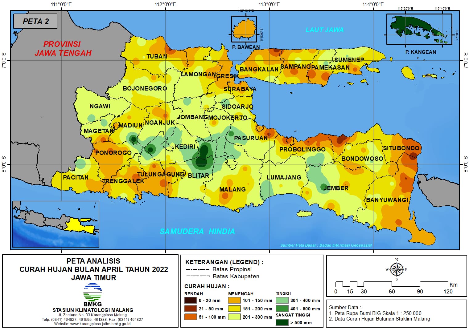 ( Analisis - Bulanan ) Distribusi Curah Hujan Bulan April Tahun 2022 di Provinsi Jawa Timur
