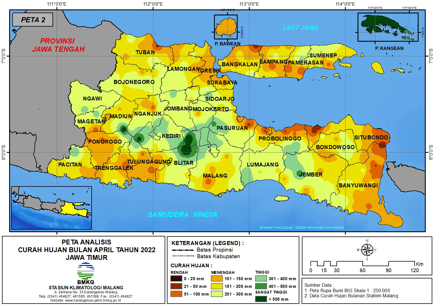 ( Analisis - Bulanan ) Distribusi Curah Hujan Bulan April Tahun 2022 di Provinsi Jawa Timur