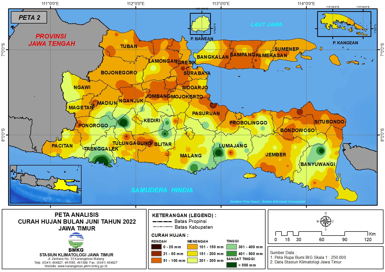 ( Analisis - Bulanan ) Distribusi Curah Hujan Bulan Juni Tahun 2022 di Provinsi Jawa Timur