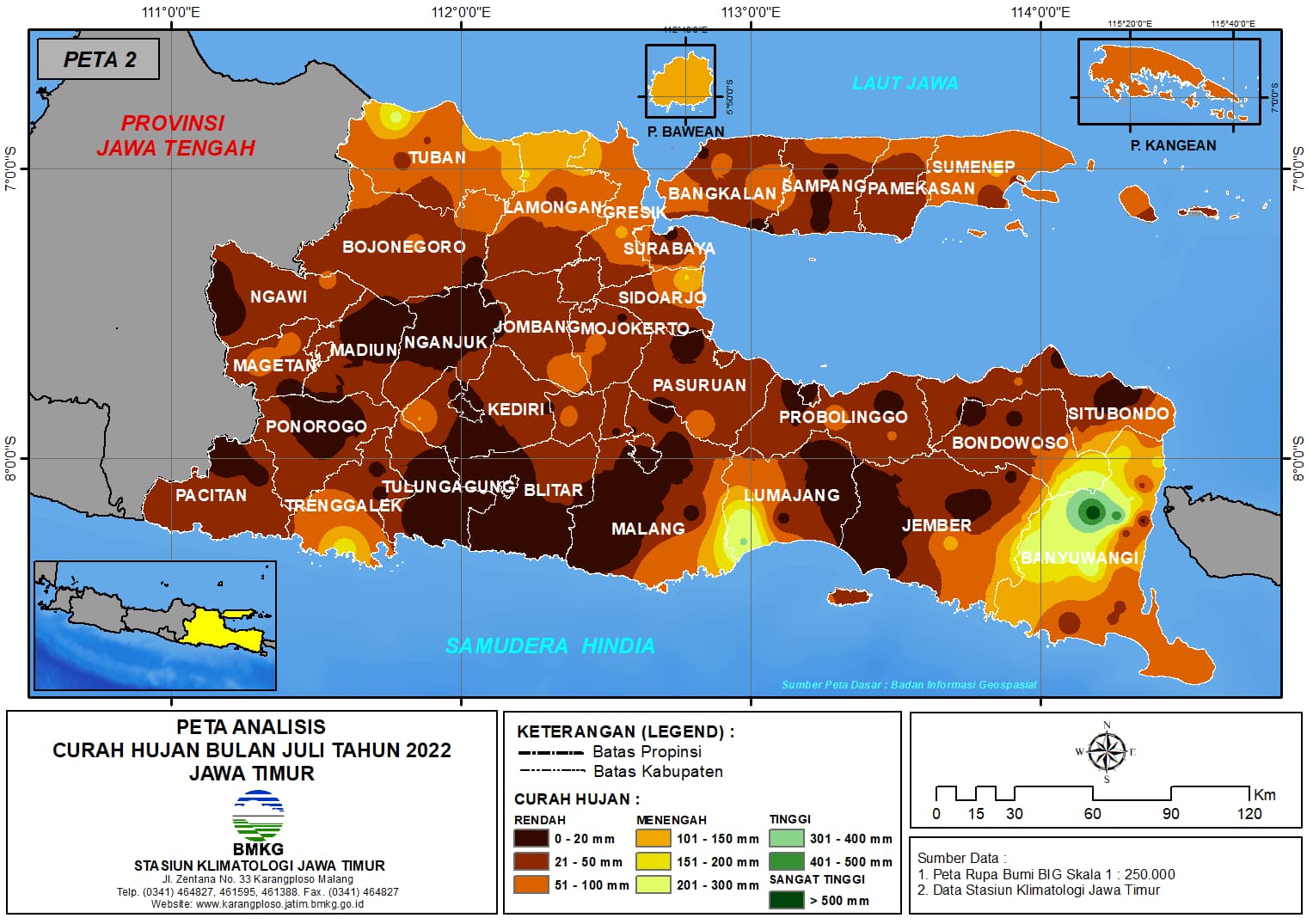 ( Analisis - Bulanan ) Distribusi Curah Hujan Bulan Juli Tahun 2022 di Provinsi Jawa Timur