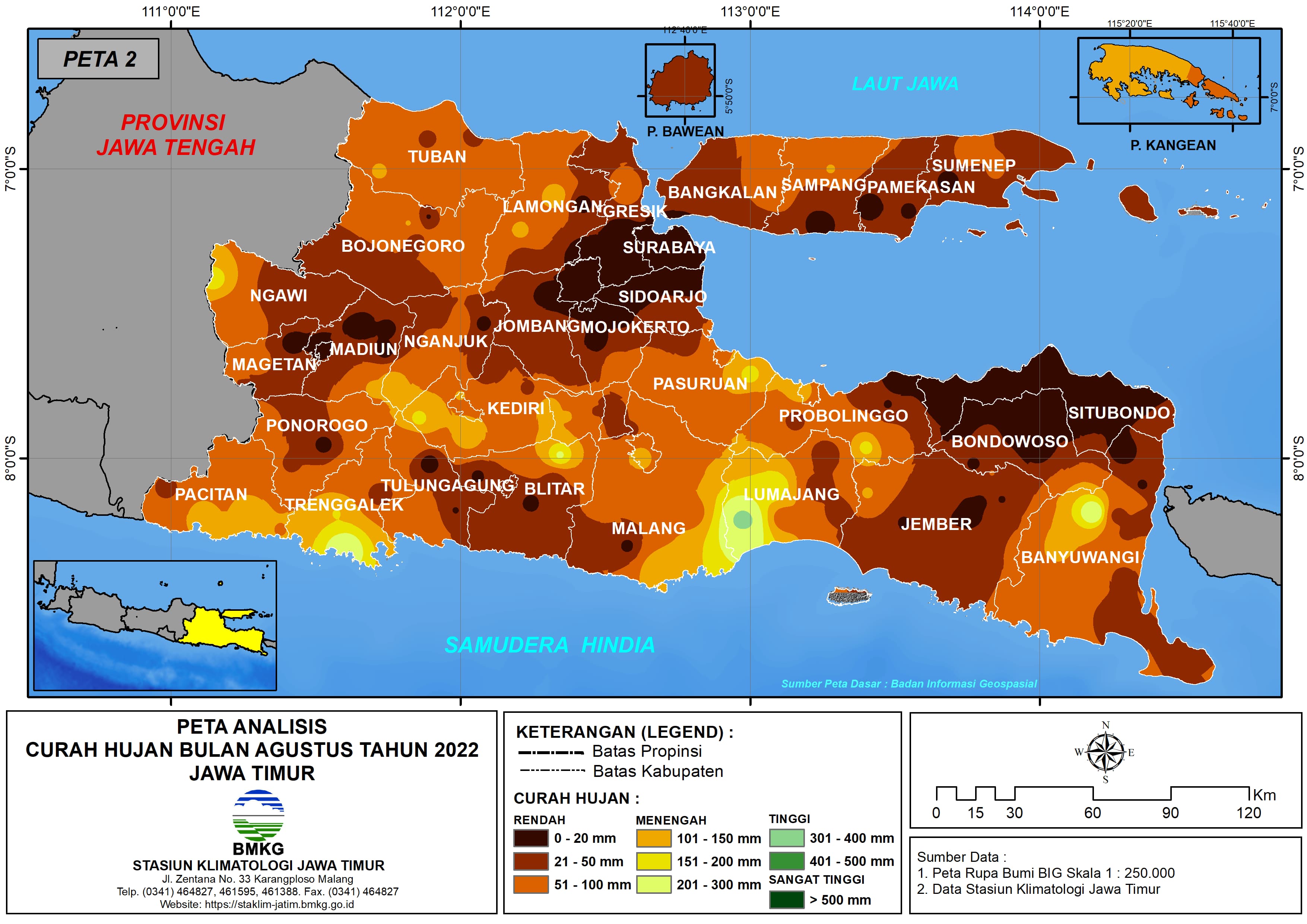 ( Analisis - Bulanan ) Distribusi Curah Hujan Bulan Agustus Tahun 2022 di Provinsi Jawa Timur