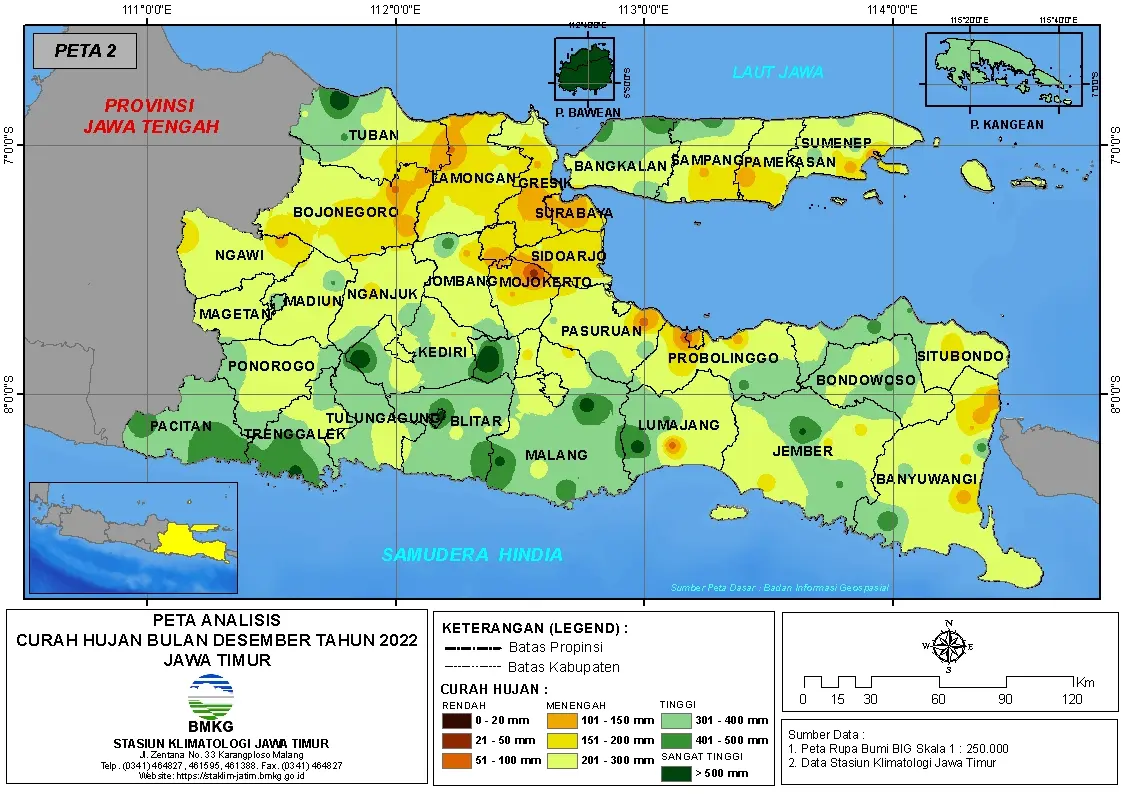 ( Analisis - Bulanan ) Distribusi Curah Hujan Bulan Desember Tahun 2022 di Provinsi Jawa Timur