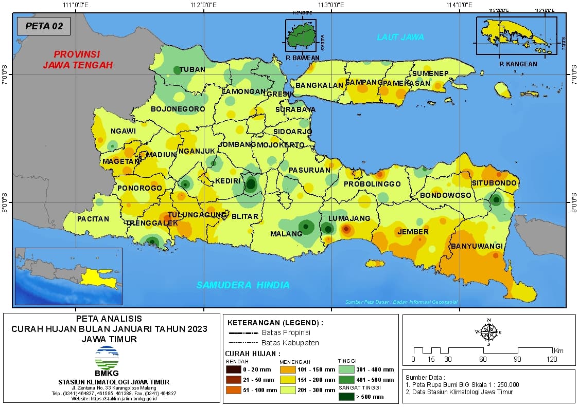 ( Analisis - Bulanan ) Distribusi Curah Hujan Bulan Januari Tahun 2023 di Provinsi Jawa Timur