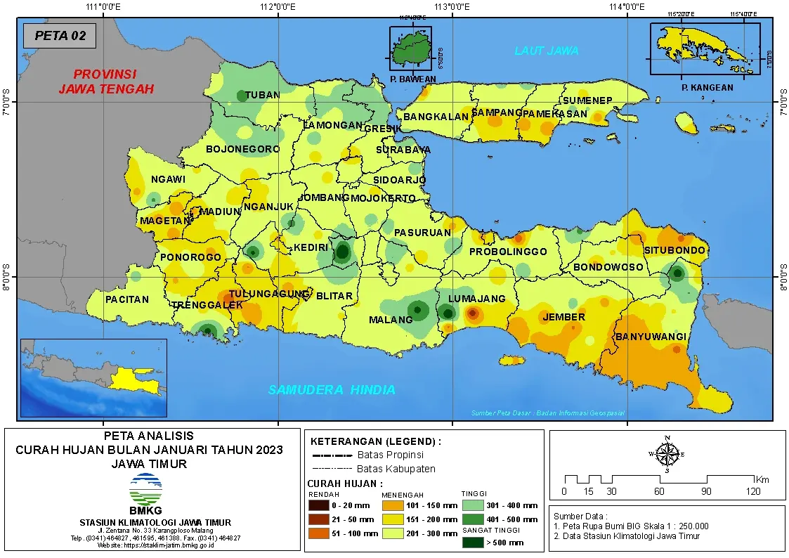 ( Analisis - Bulanan ) Distribusi Curah Hujan Bulan Januari Tahun 2023 di Provinsi Jawa Timur