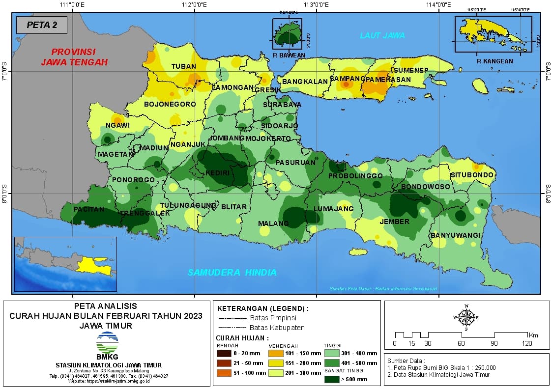 ( Analisis - Bulanan ) Distribusi Curah Hujan Bulan Februari Tahun 2023 di Provinsi Jawa Timur