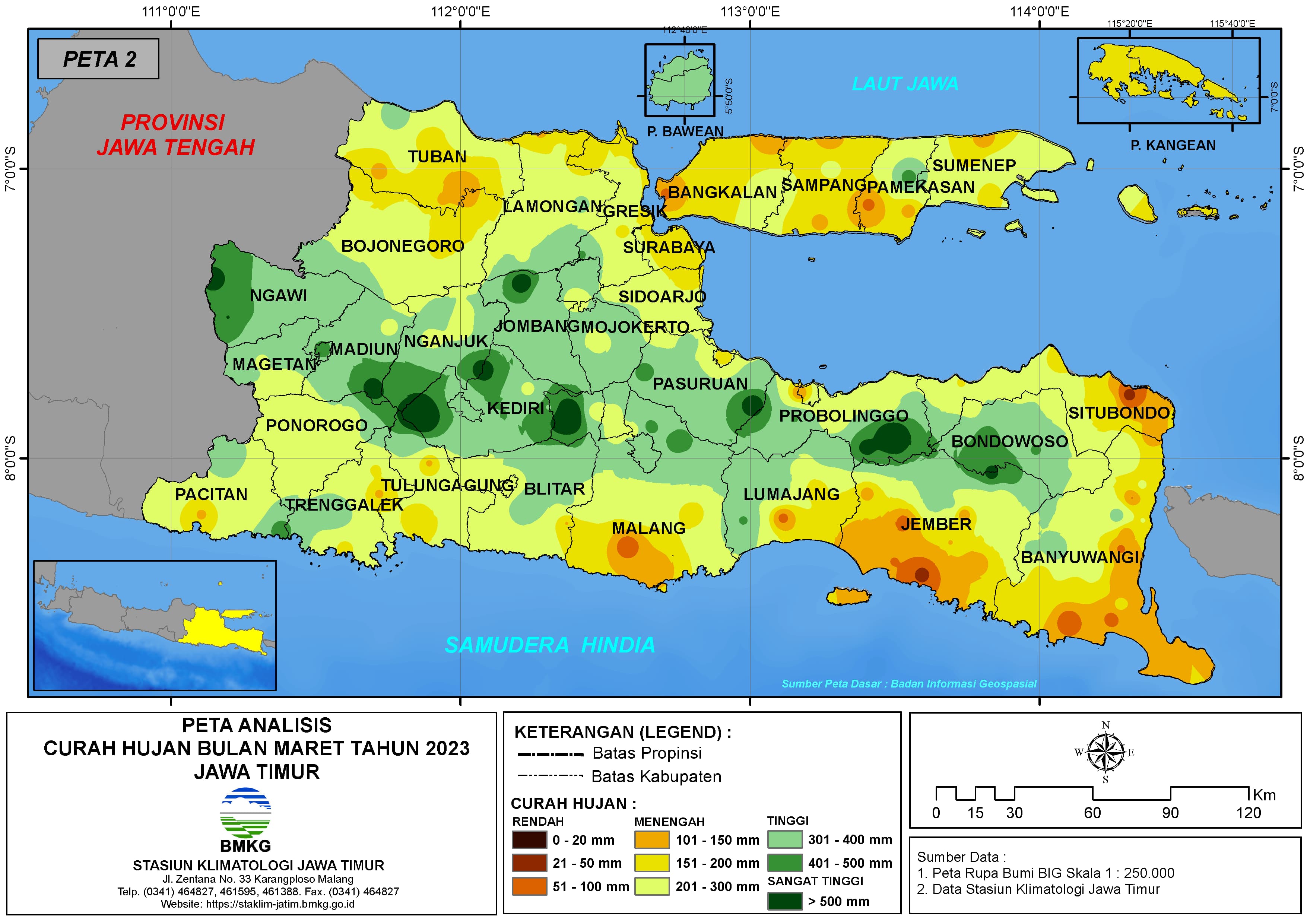 ( Analisis - Bulanan ) Distribusi Curah Hujan Bulan Maret Tahun 2023 di Provinsi Jawa Timur
