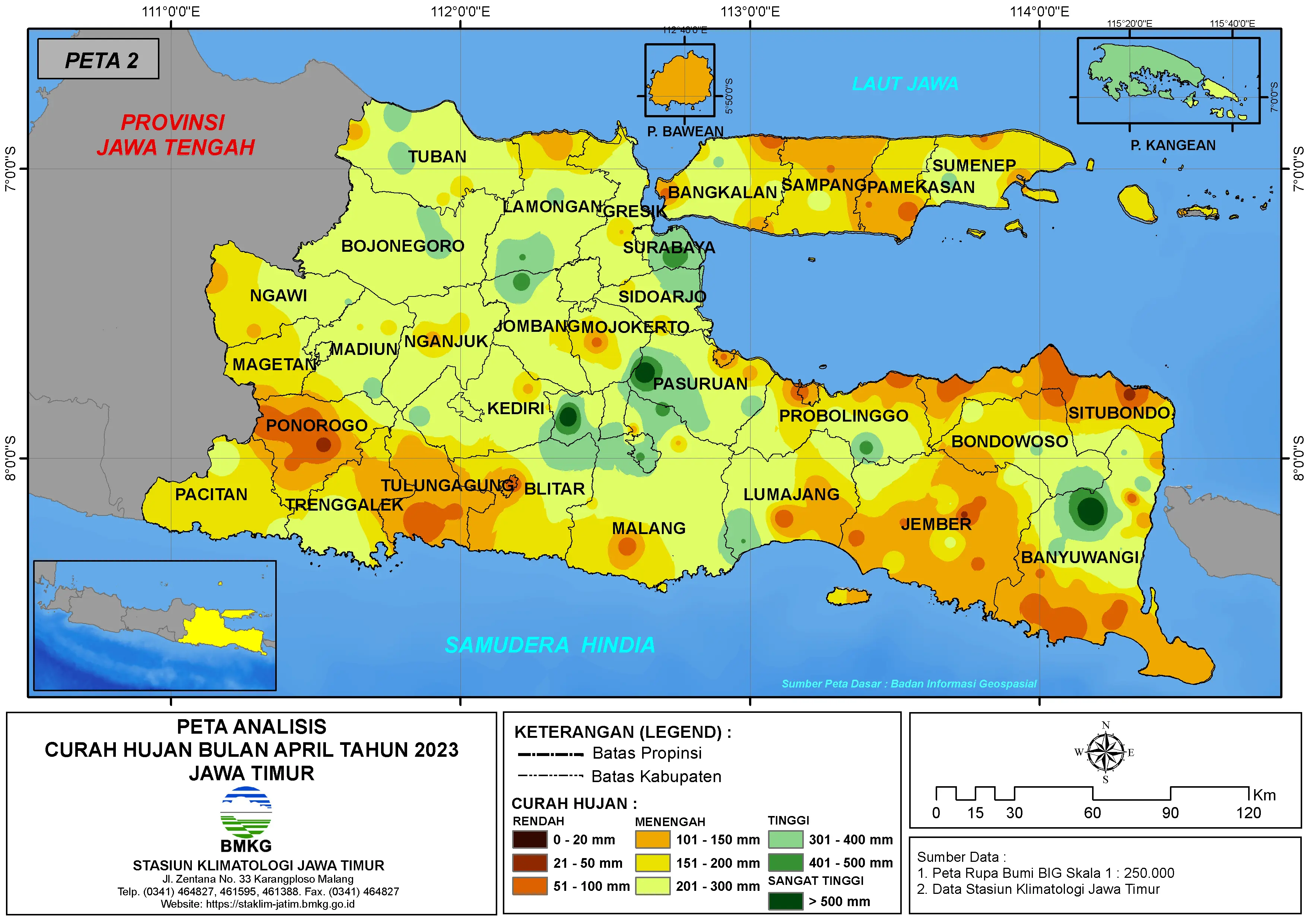 ( Analisis - Bulanan ) Distribusi Curah Hujan Bulan April Tahun 2023 di Provinsi Jawa Timur