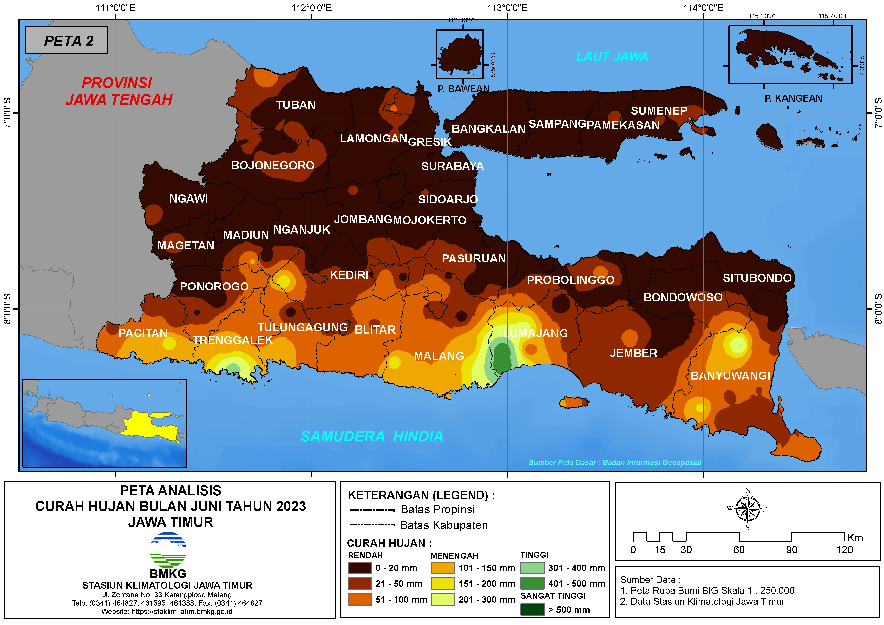 ( Analisis - Bulanan ) Distribusi Curah Hujan Bulan Juni Tahun 2023 di Provinsi Jawa Timur