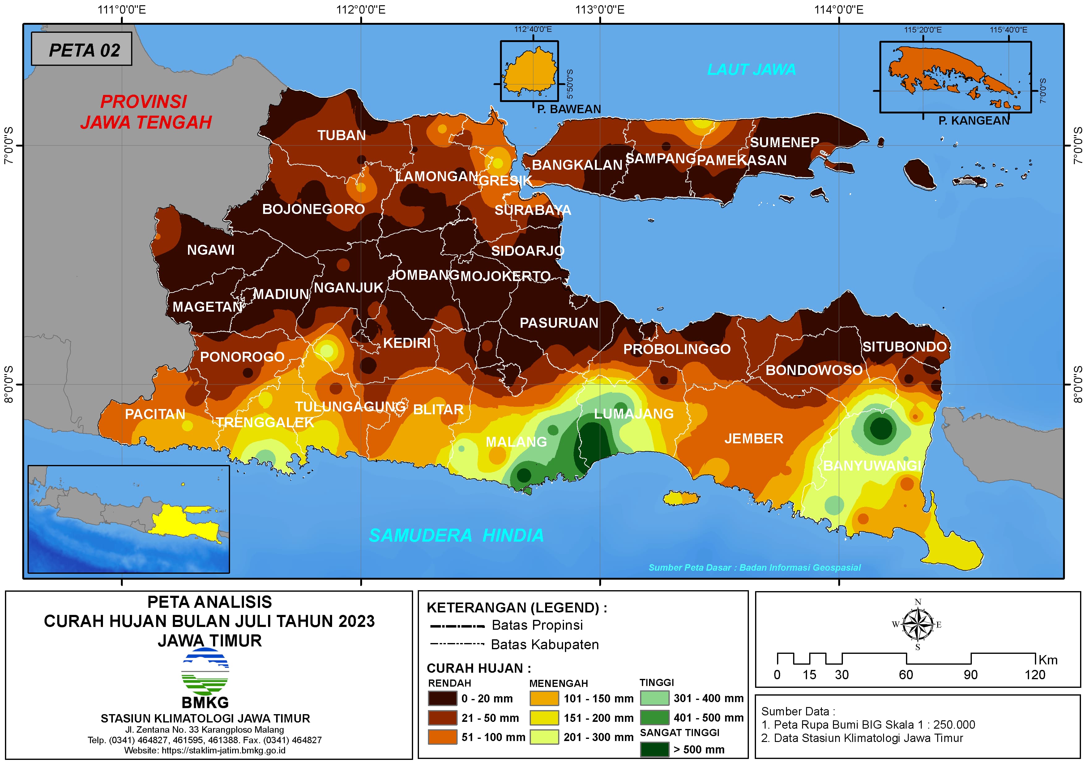 ( Analisis - Bulanan ) Distribusi Curah Hujan Bulan Juli Tahun 2023 di Provinsi Jawa Timur