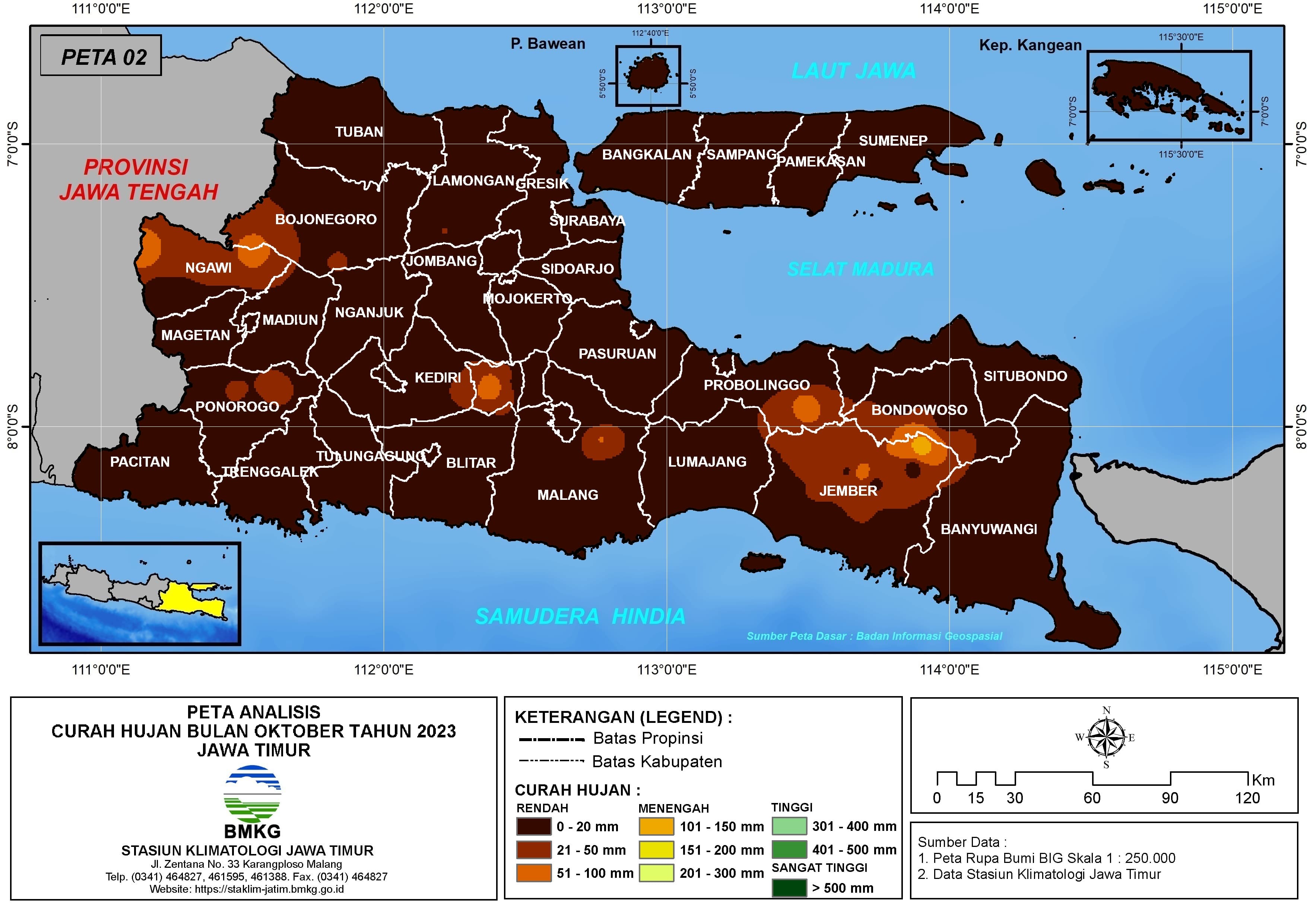 ( Analisis - Bulanan ) Distribusi Curah Hujan Bulan Oktober Tahun 2023 di Provinsi Jawa Timur