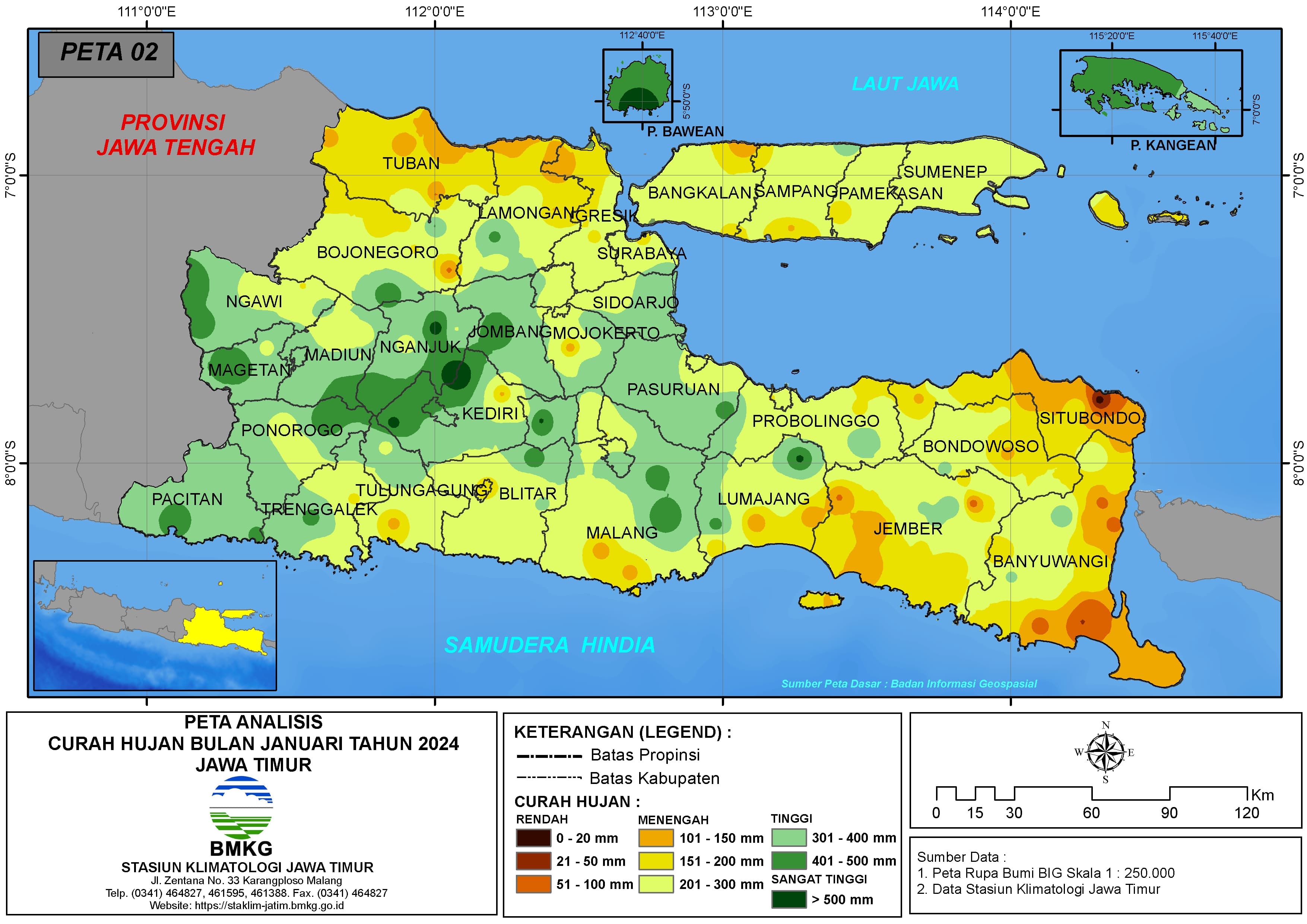 ( Analisis - Bulanan ) Distribusi Curah Hujan Bulan Januari Tahun 2024 di Provinsi Jawa Timur