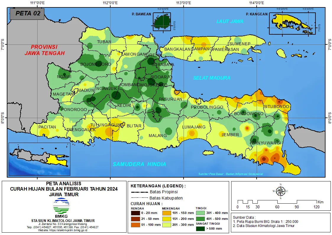 ( Analisis - Bulanan ) Distribusi Curah Hujan Bulan Februari Tahun 2024 di Provinsi Jawa Timur