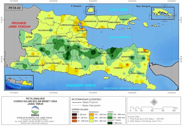 ( Analisis - Bulanan ) Distribusi Curah Hujan Bulan Maret Tahun 2024 di Provinsi Jawa Timur