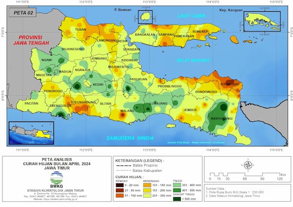 ( Analisis - Bulanan ) Distribusi Curah Hujan Bulan April Tahun 2024 di Provinsi Jawa Timur
