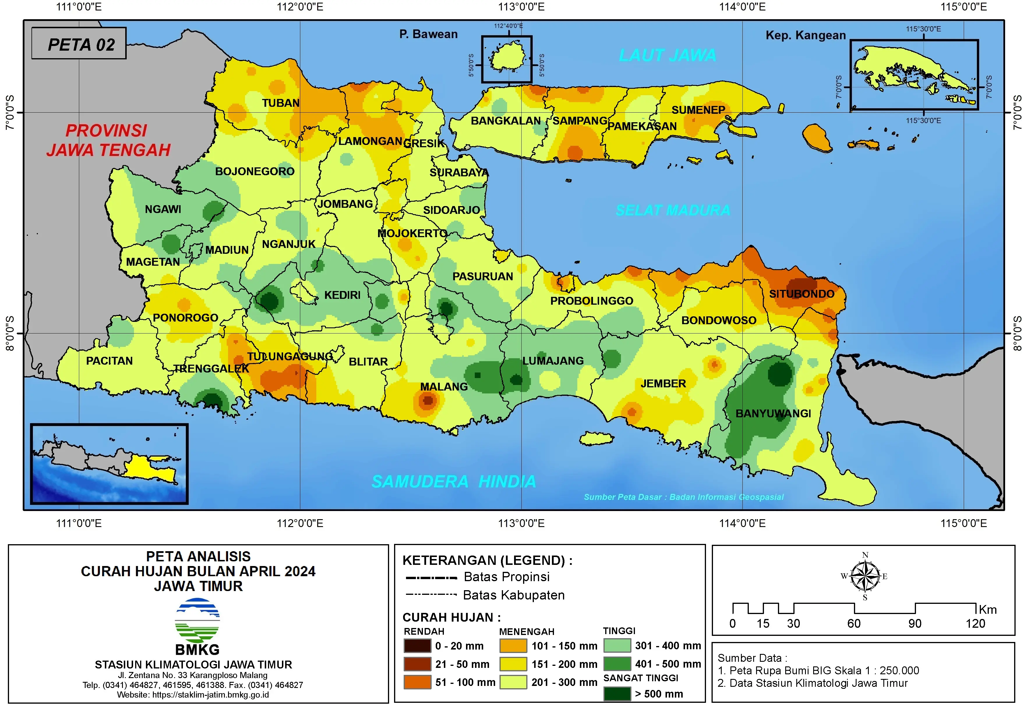 ( Analisis - Bulanan ) Distribusi Curah Hujan Bulan April Tahun 2024 di Provinsi Jawa Timur