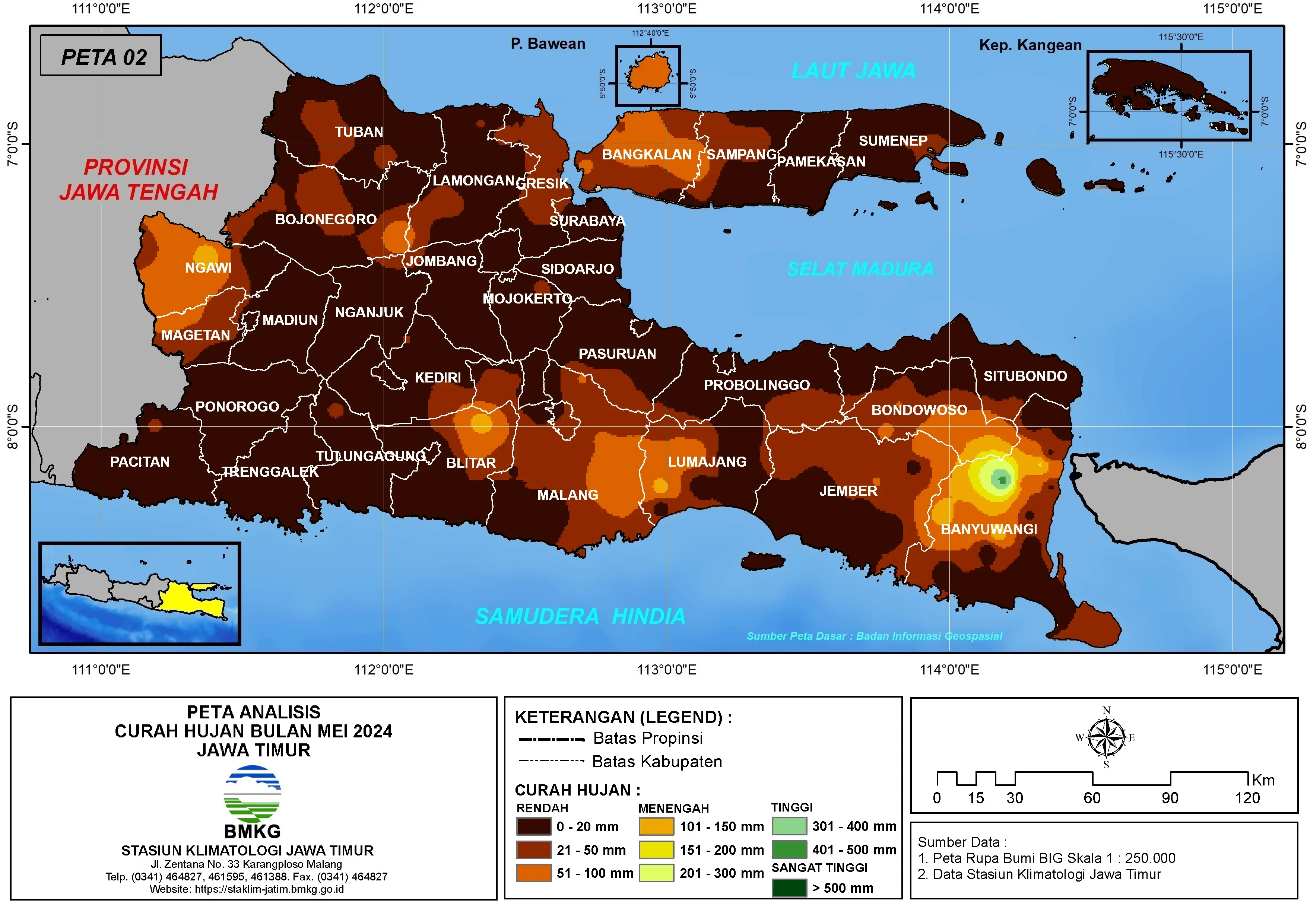 ( Analisis - Bulanan ) Distribusi Curah Hujan Bulan Mei Tahun 2024 di Provinsi Jawa Timur