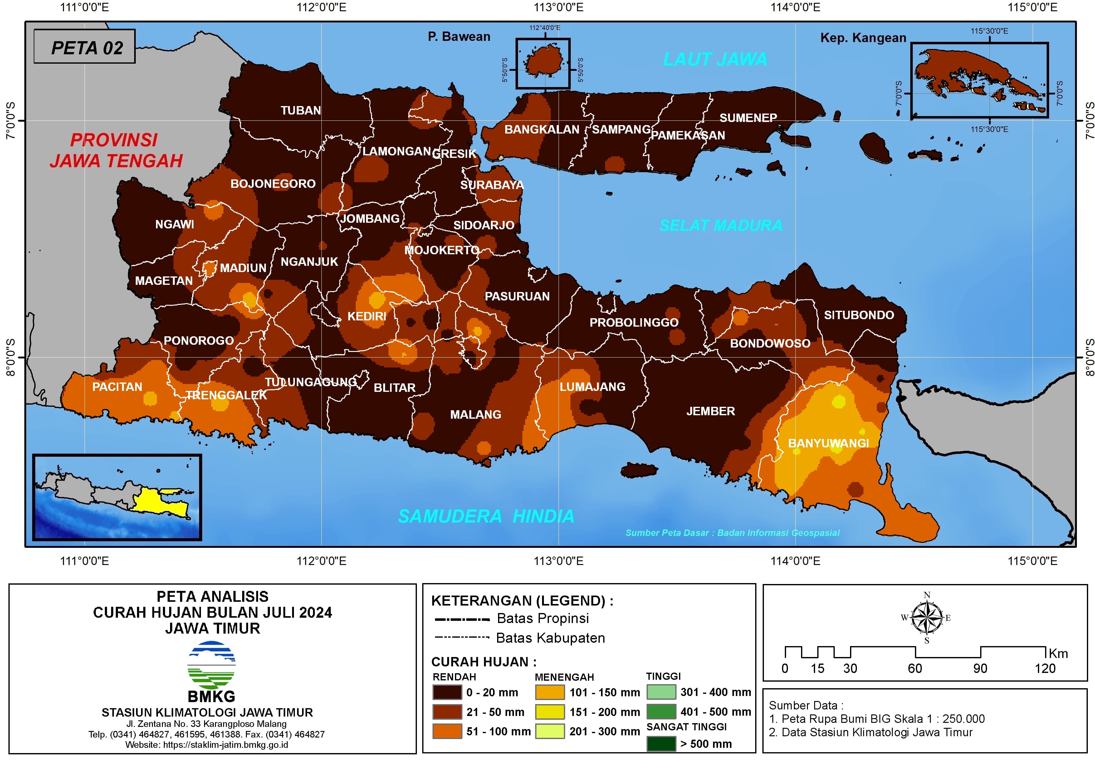 ( Analisis - Bulanan ) Distribusi Curah Hujan Bulan Juli Tahun 2024 di Provinsi Jawa Timur