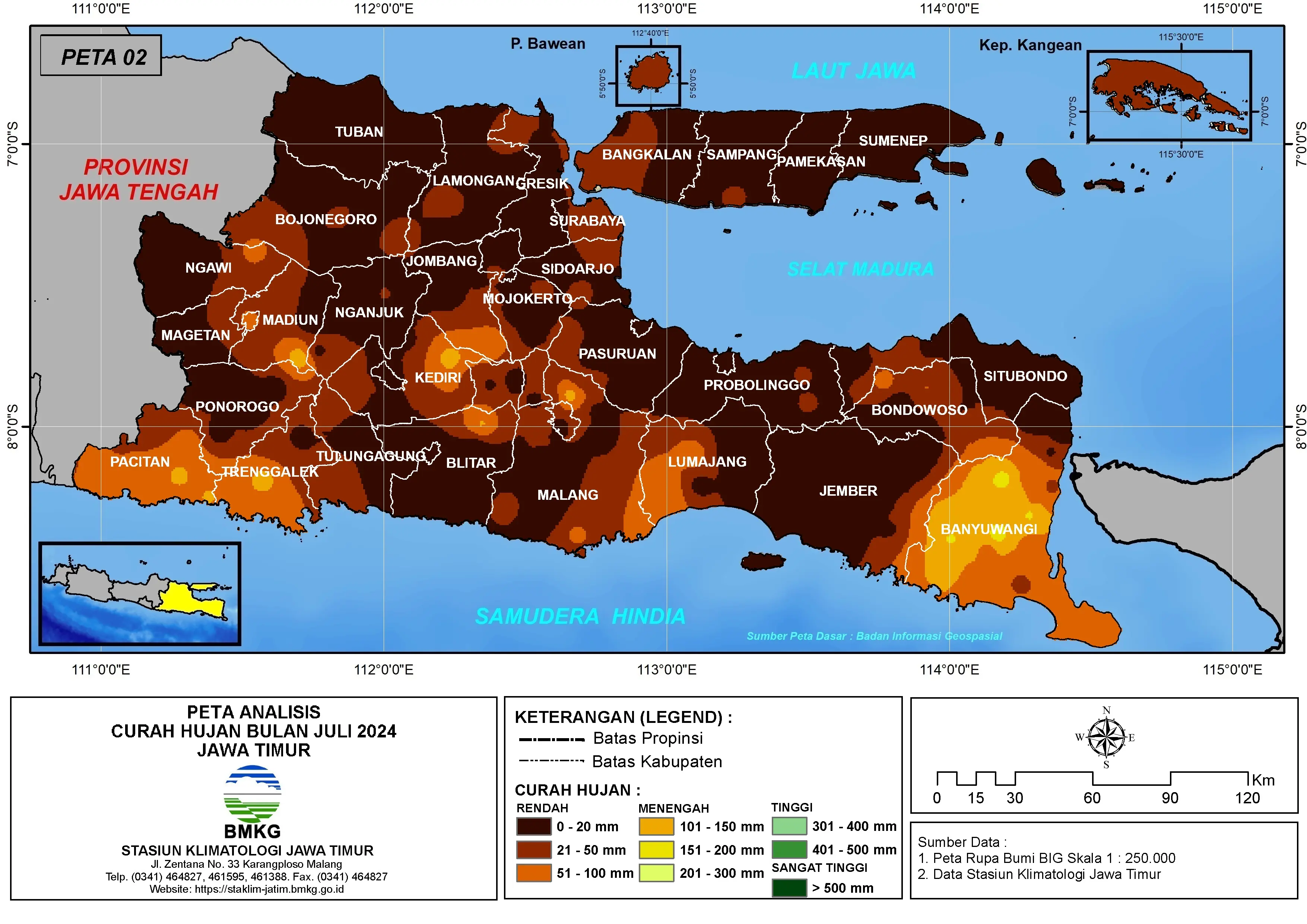( Analisis - Bulanan ) Distribusi Curah Hujan Bulan Juli Tahun 2024 di Provinsi Jawa Timur