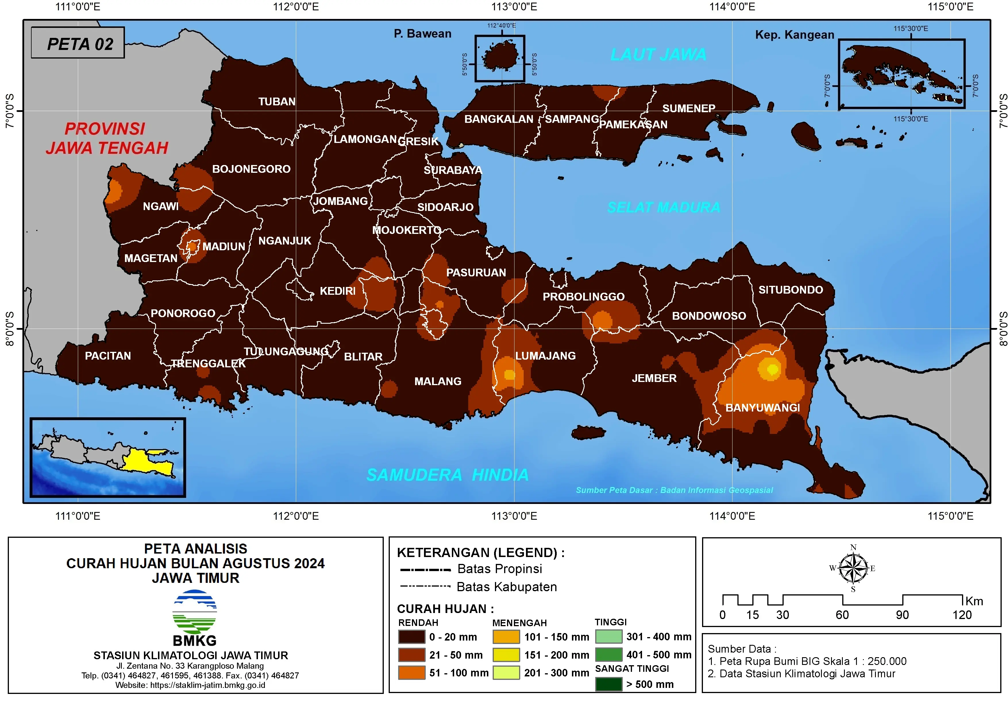 ( Analisis - Bulanan ) Distribusi Curah Hujan Bulan Agustus Tahun 2024 di Provinsi Jawa Timur