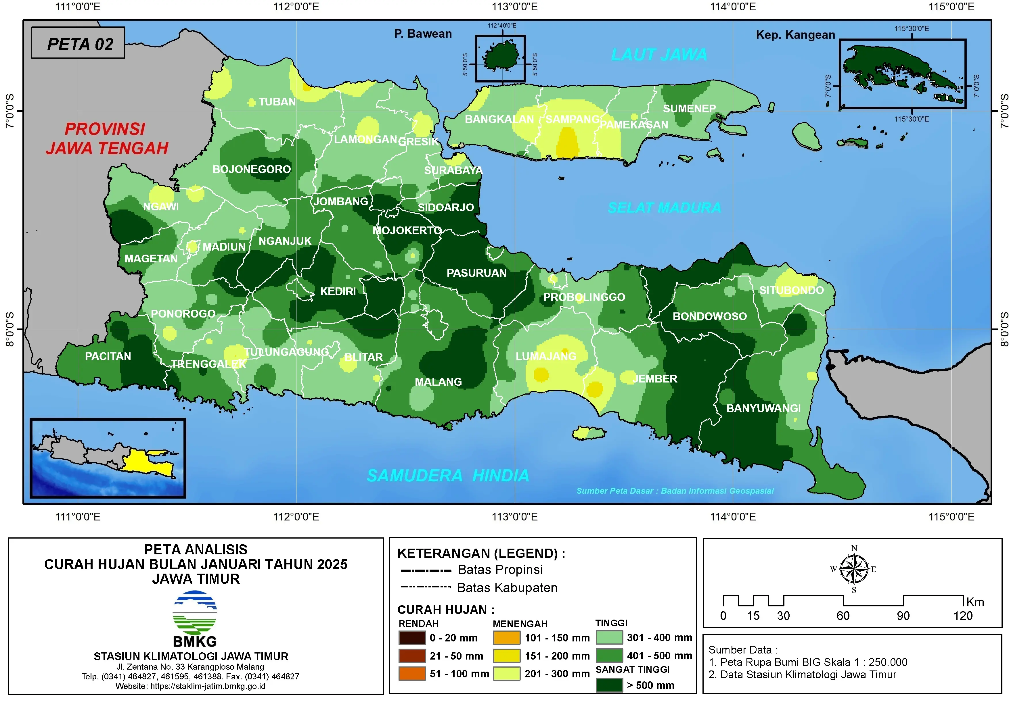 ( Analisis - Bulanan ) Distribusi Curah Hujan Bulan Januari Tahun 2025 di Provinsi Jawa Timur