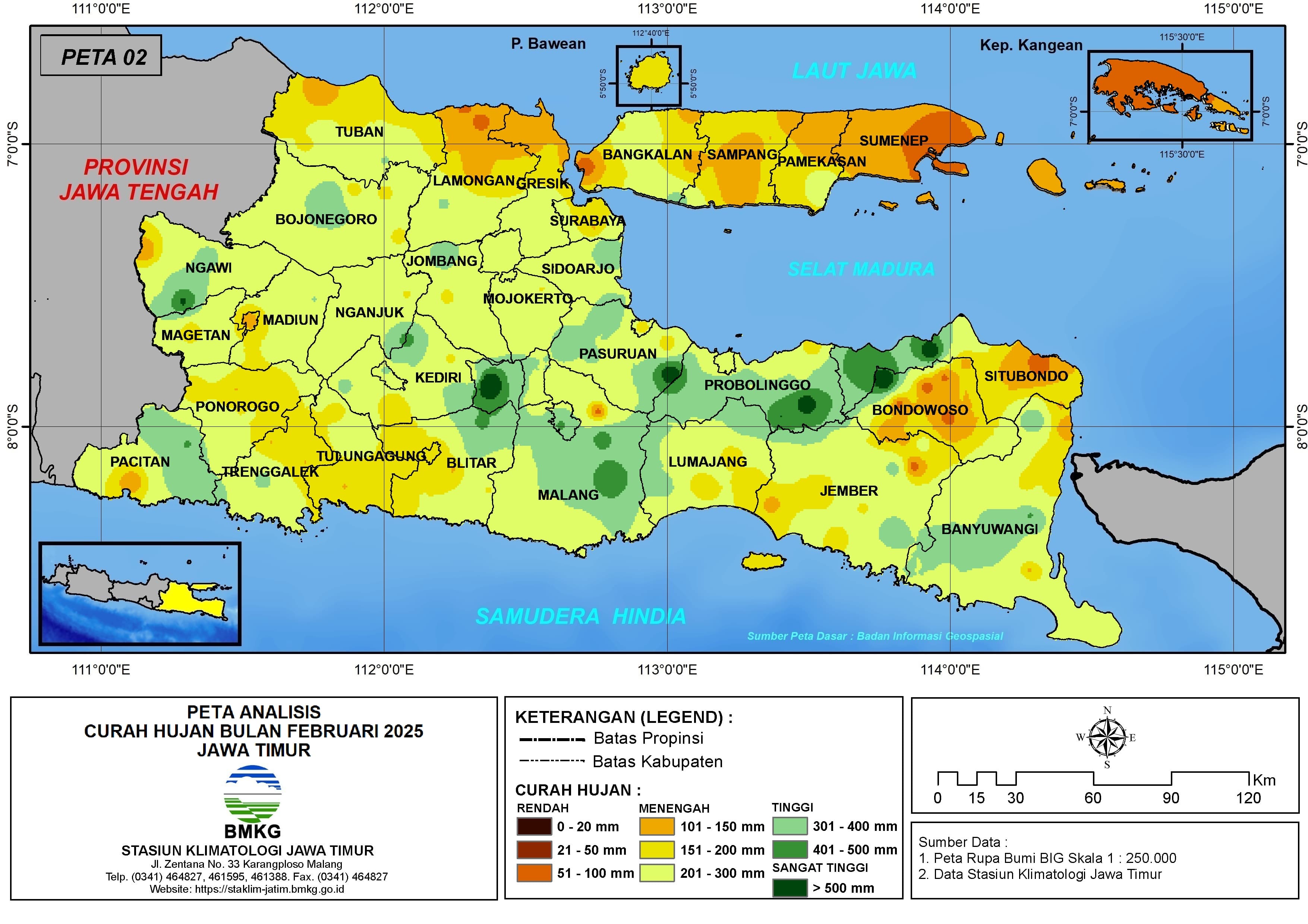 ( Analisis - Bulanan ) Distribusi Curah Hujan Bulan Februari Tahun 2025 di Provinsi Jawa Timur