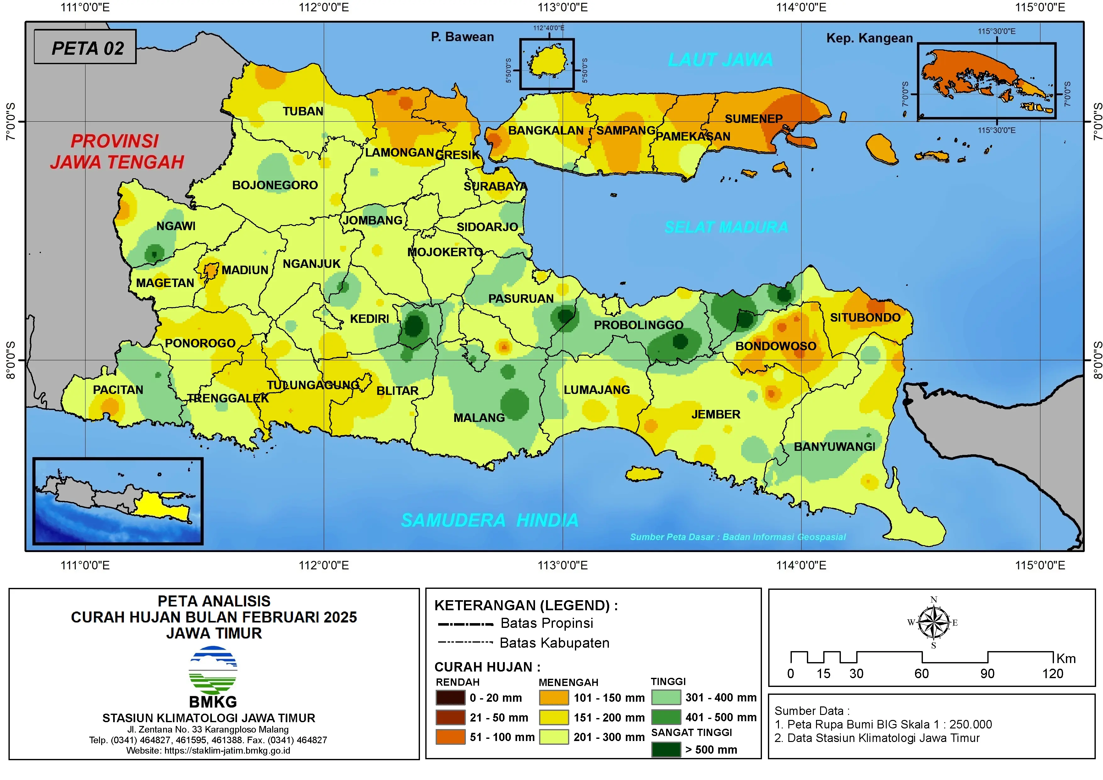 ( Analisis - Bulanan ) Distribusi Curah Hujan Bulan Februari Tahun 2025 di Provinsi Jawa Timur