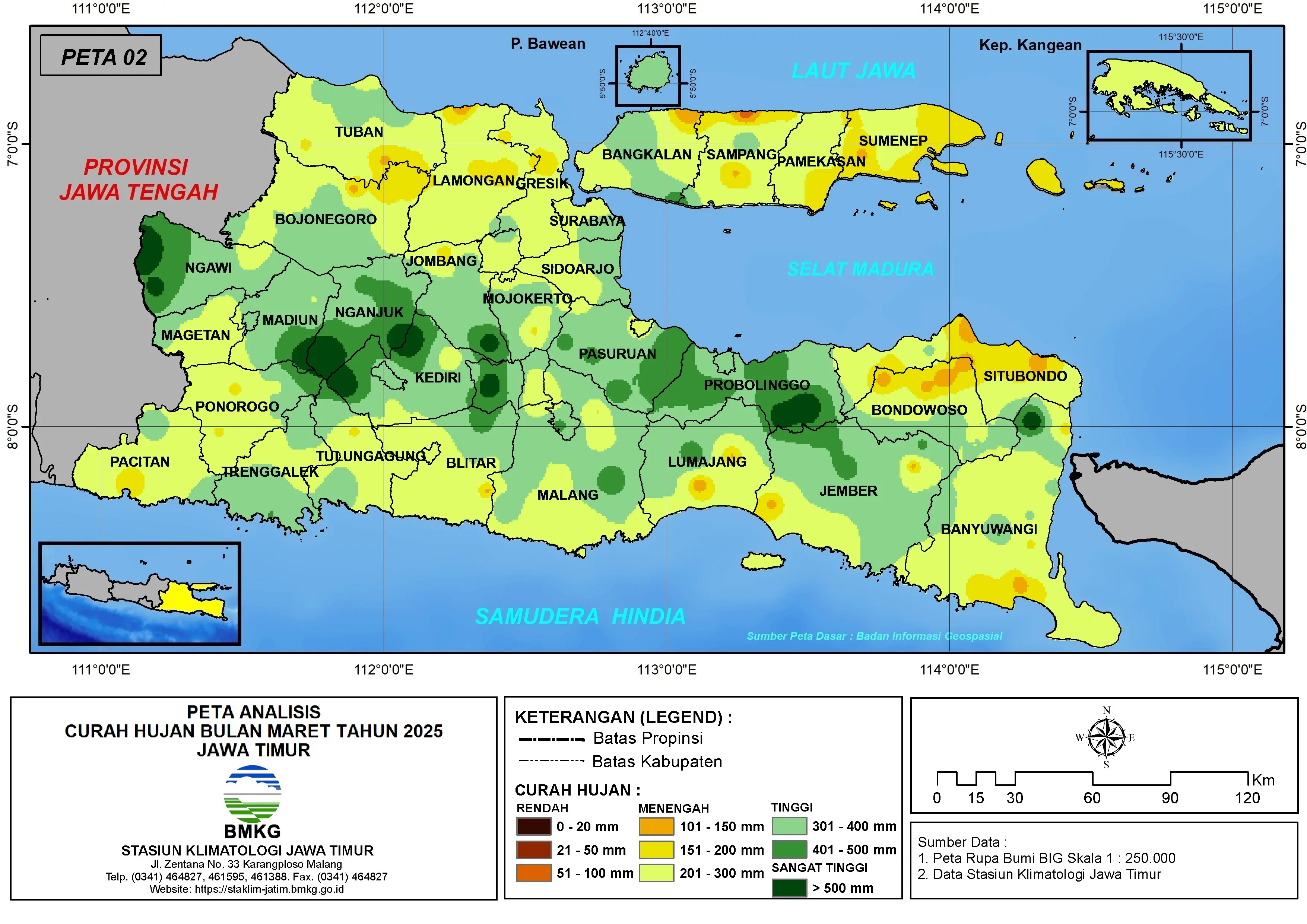 ( Analisis - Bulanan ) Distribusi Curah Hujan Bulan Maret Tahun 2025 di Provinsi Jawa Timur