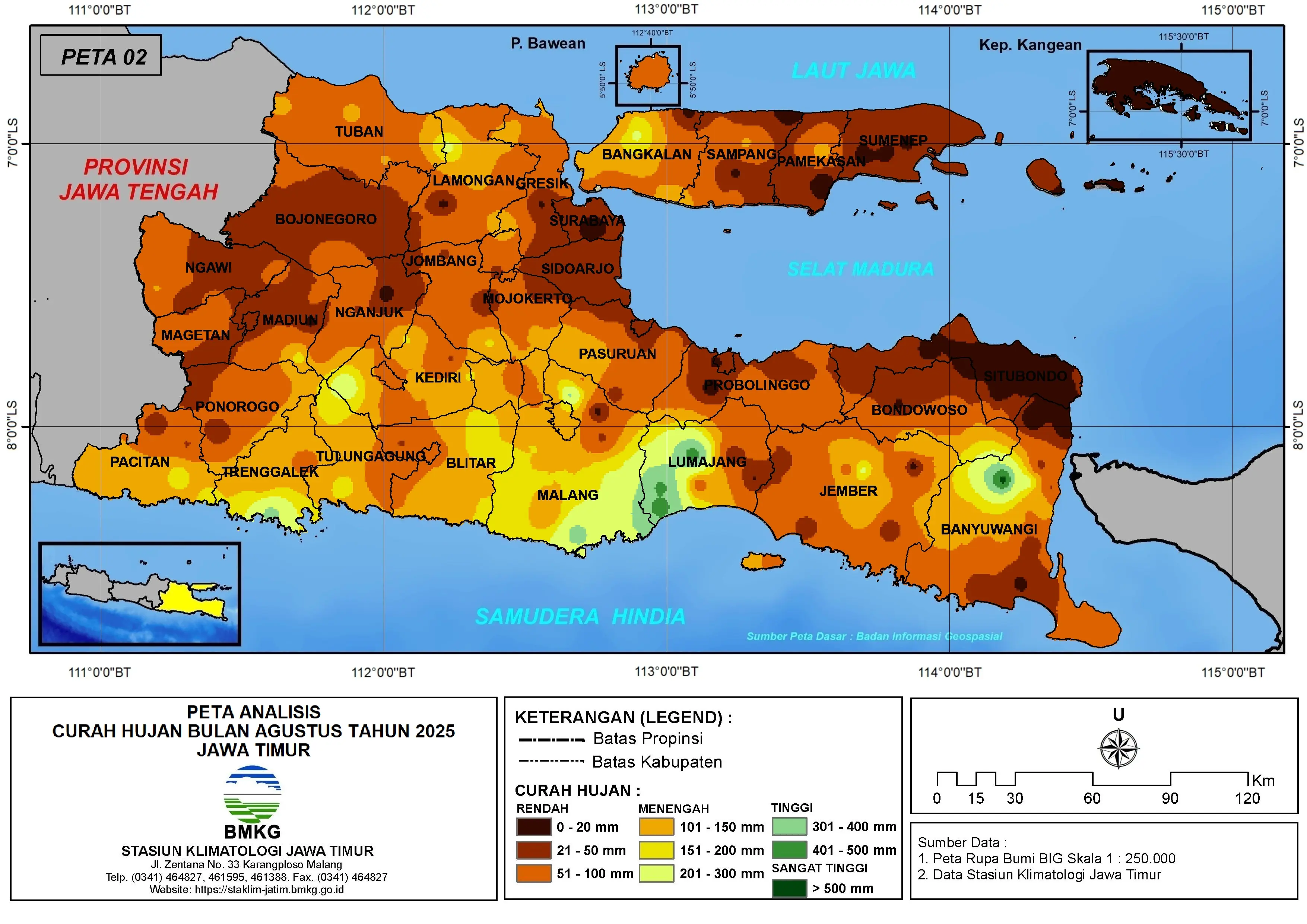 ( Analisis - Bulanan ) Distribusi Curah Hujan Bulan Agustus Tahun 2025 di Provinsi Jawa Timur