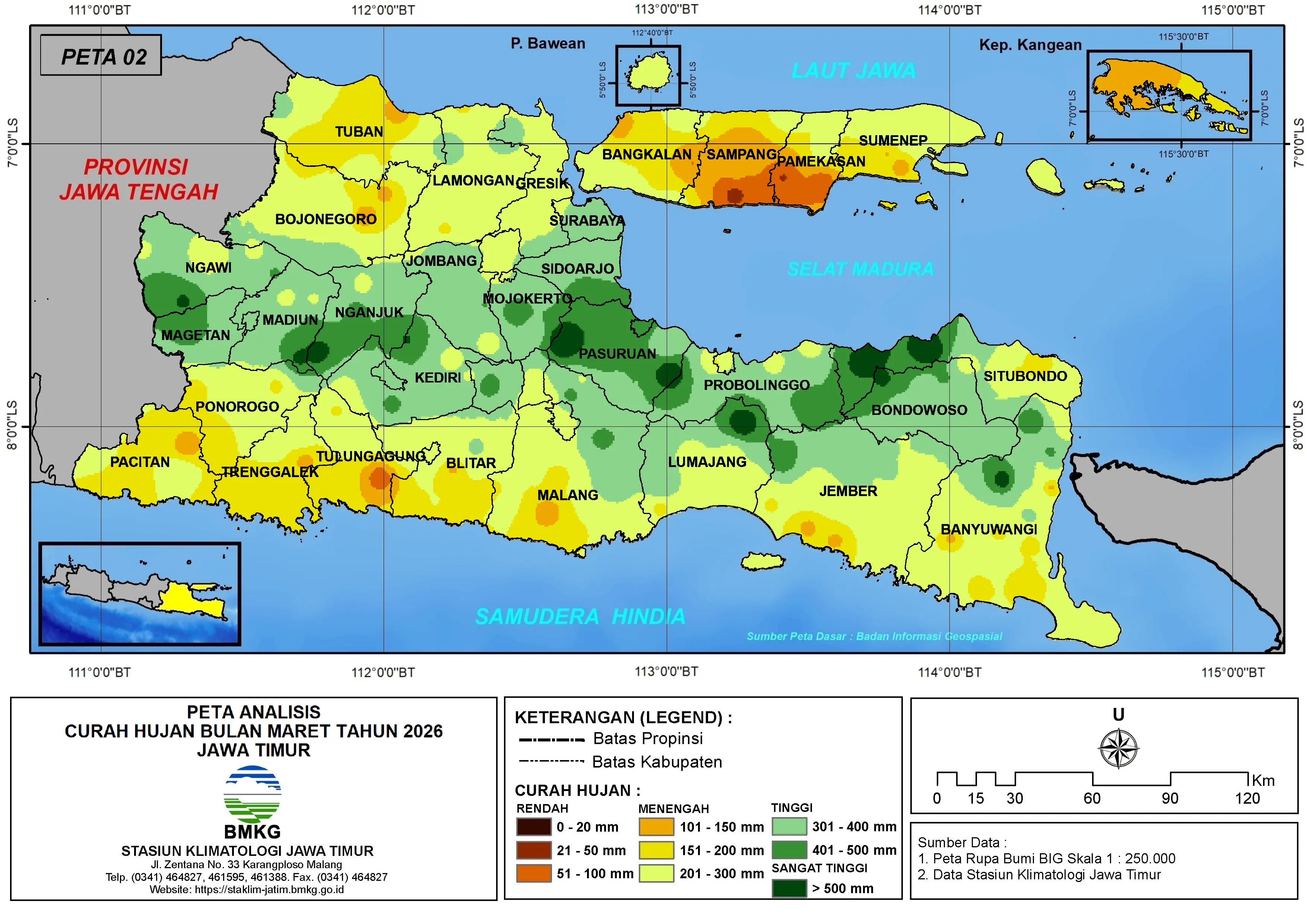( Analisis - Bulanan ) Distribusi Curah Hujan Bulan Maret Tahun 2026 di Provinsi Jawa Timur