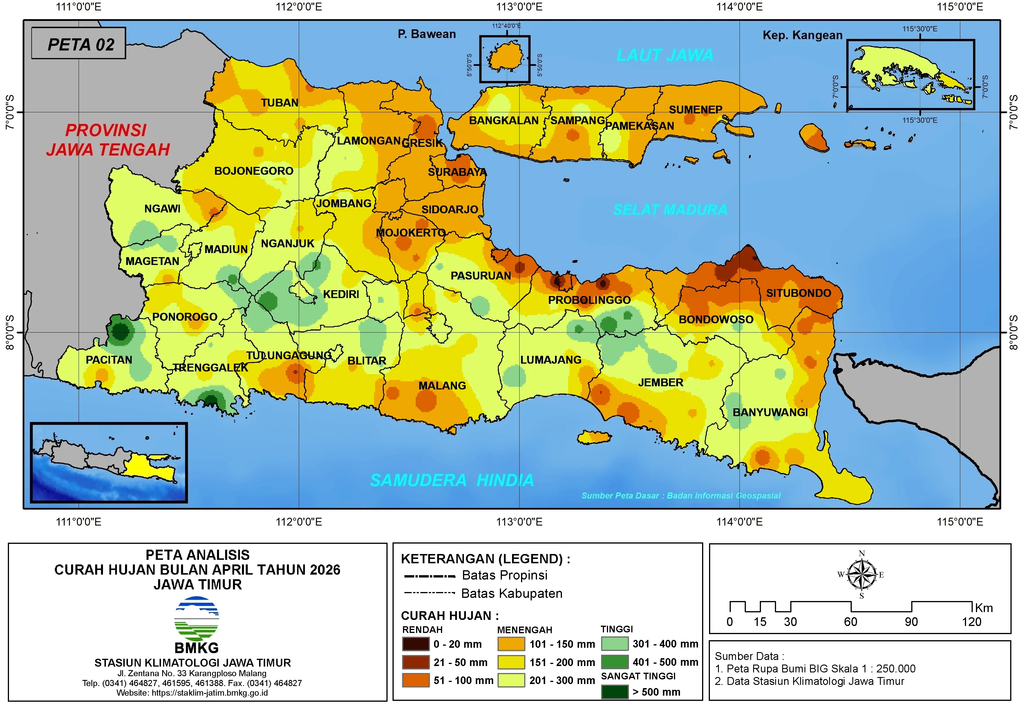 ( Analisis - Bulanan ) Distribusi Curah Hujan Bulan April Tahun 2026 di Provinsi Jawa Timur