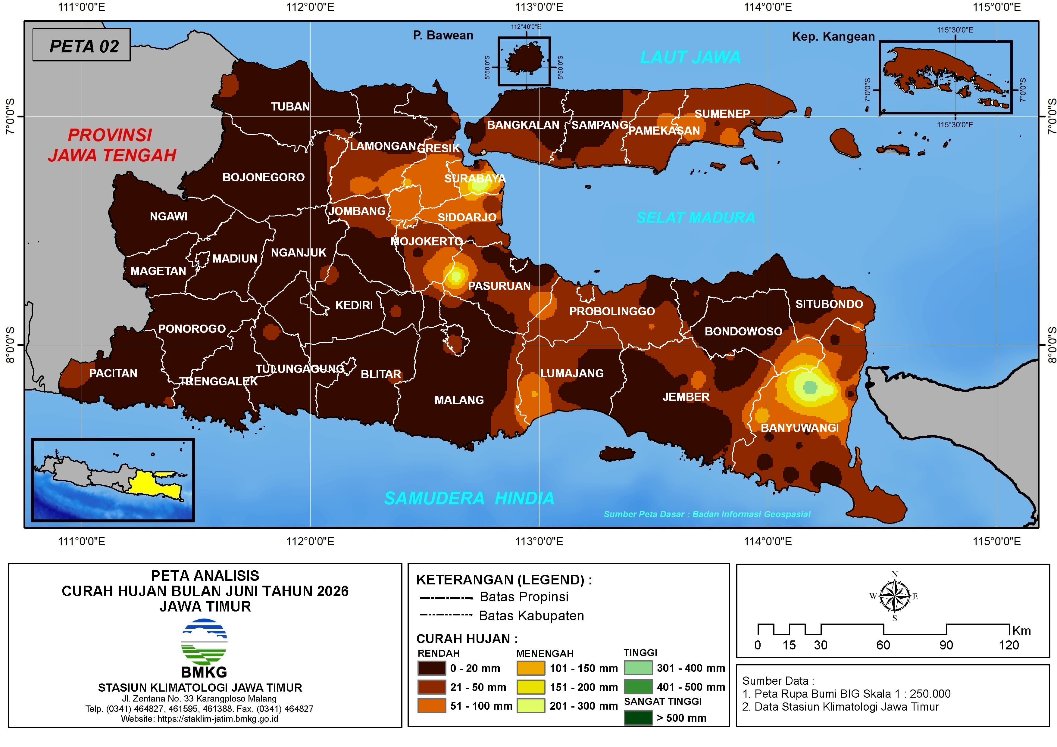 ( Analisis - Bulanan ) Distribusi Curah Hujan Bulan Juni Tahun 2026 di Provinsi Jawa Timur