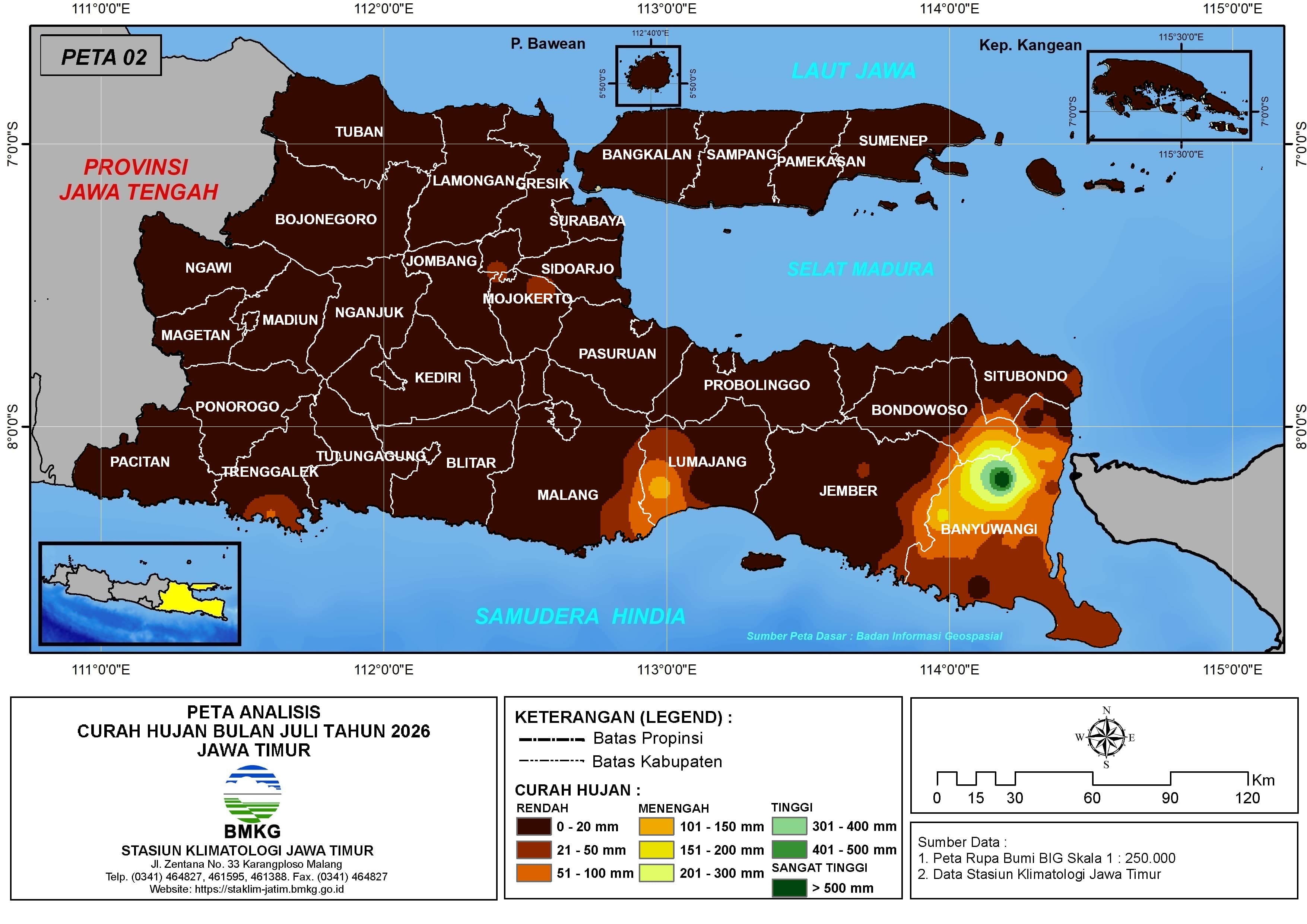 ( Analisis - Bulanan ) Distribusi Curah Hujan Bulan Juli Tahun 2026 di Provinsi Jawa Timur
