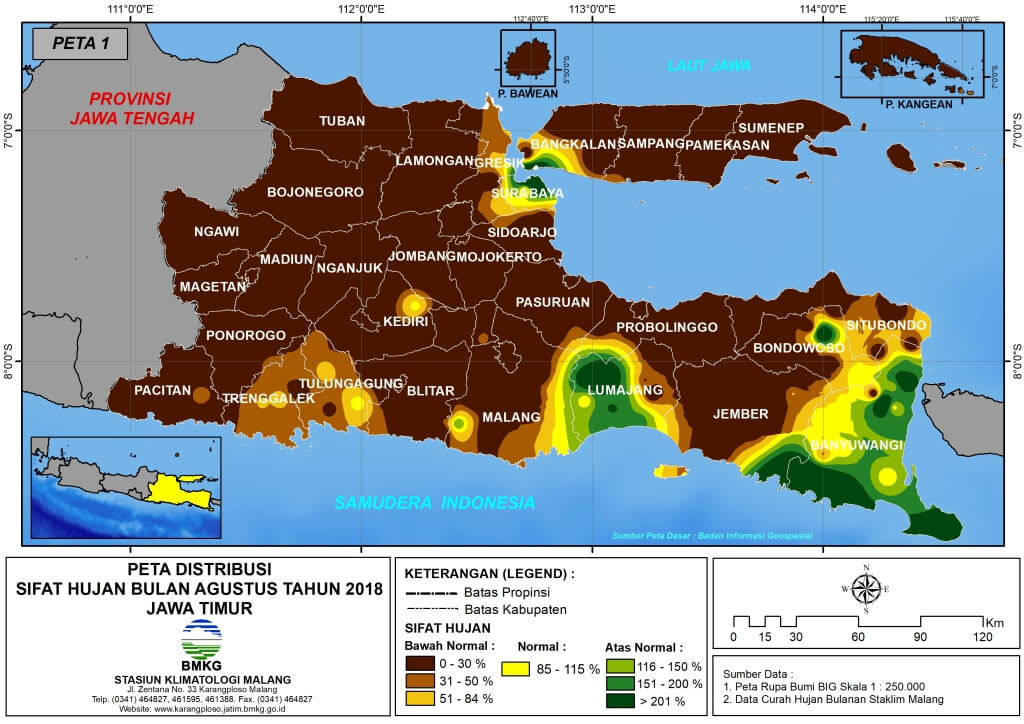 Peta Analisis Distribusi Sifat Hujan Bulan Agustus Tahun 2018 di Propinsi Jawa Timur 