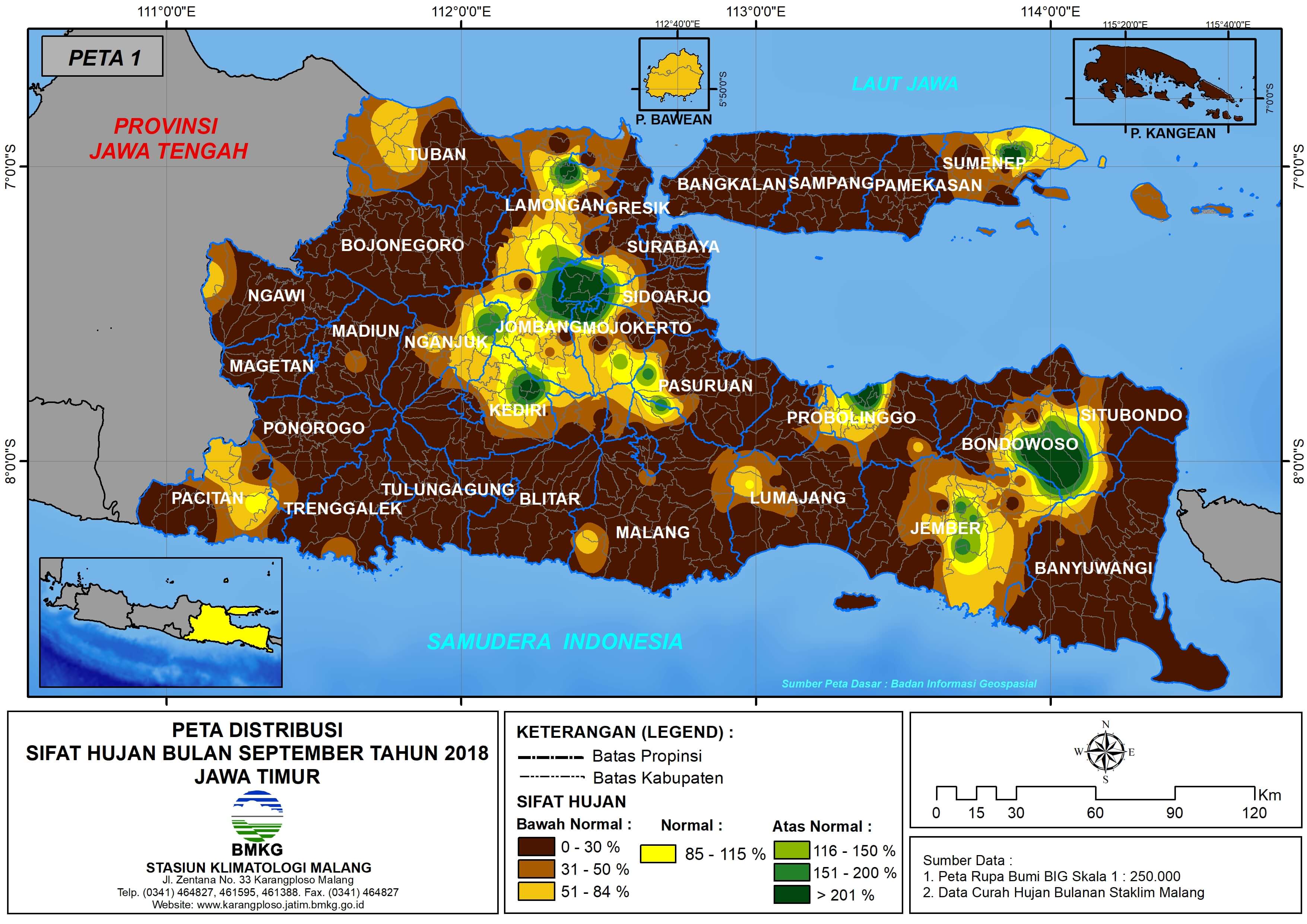 Peta Analisis Distribusi Sifat Hujan Bulan September Tahun 2018 di Propinsi Jawa Timur 