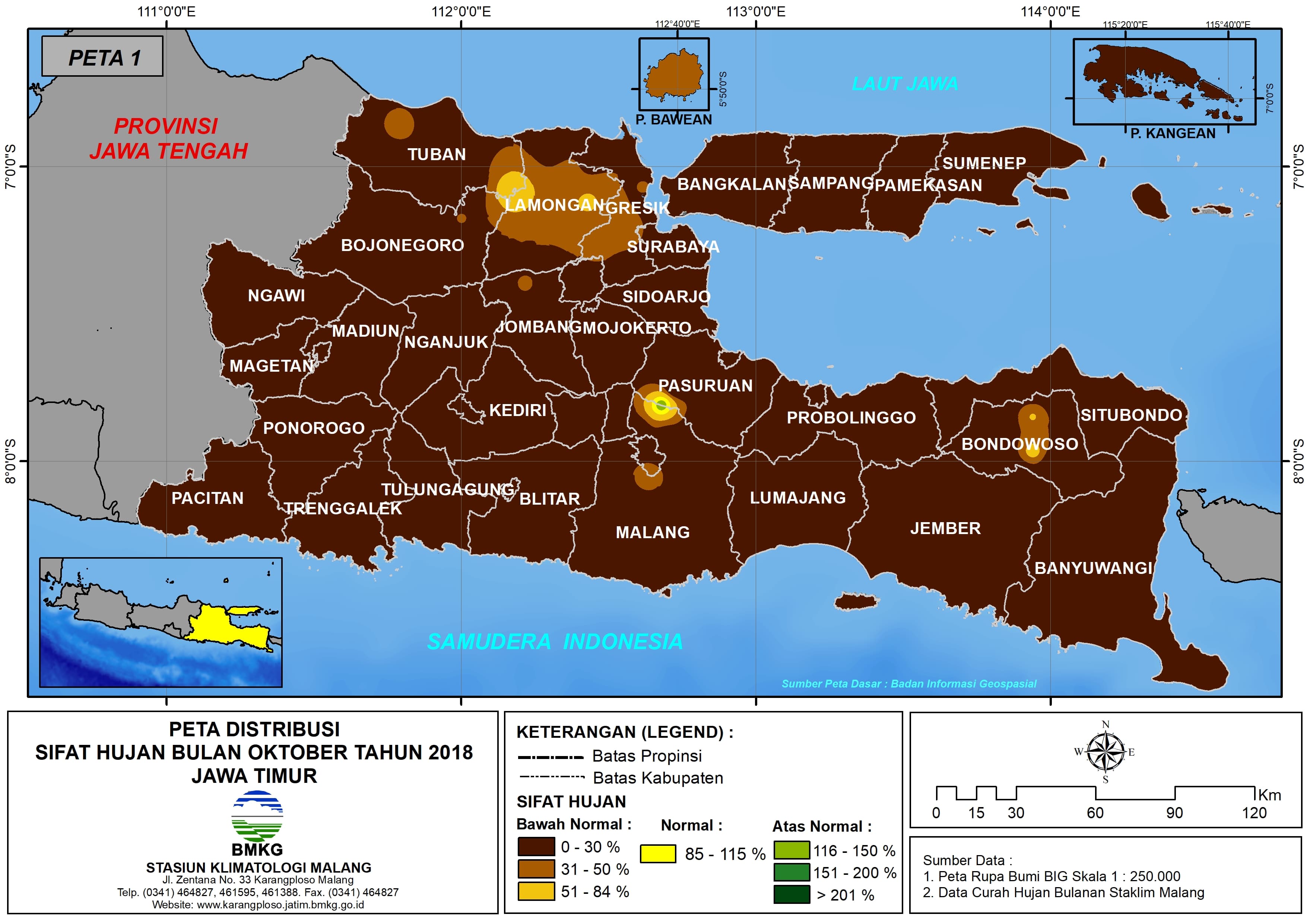 Peta Analisis Distribusi Sifat Hujan Bulan Oktober Tahun 2018 Per Kabupaten di Propinsi Jawa Timur 