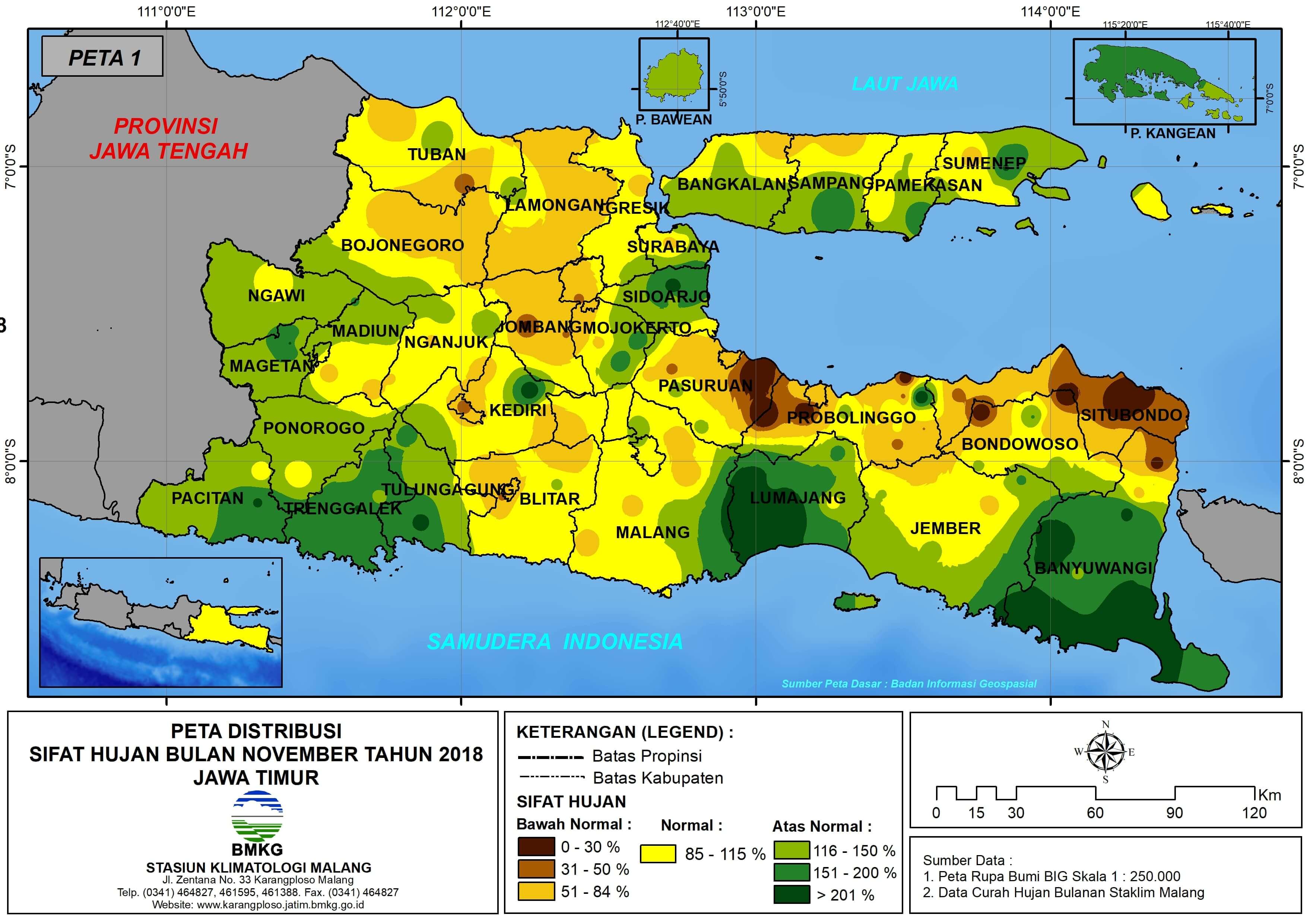 Peta Analisis Distribusi Sifat Hujan Bulan Nopember Tahun 2018  di Propinsi Jawa Timur 