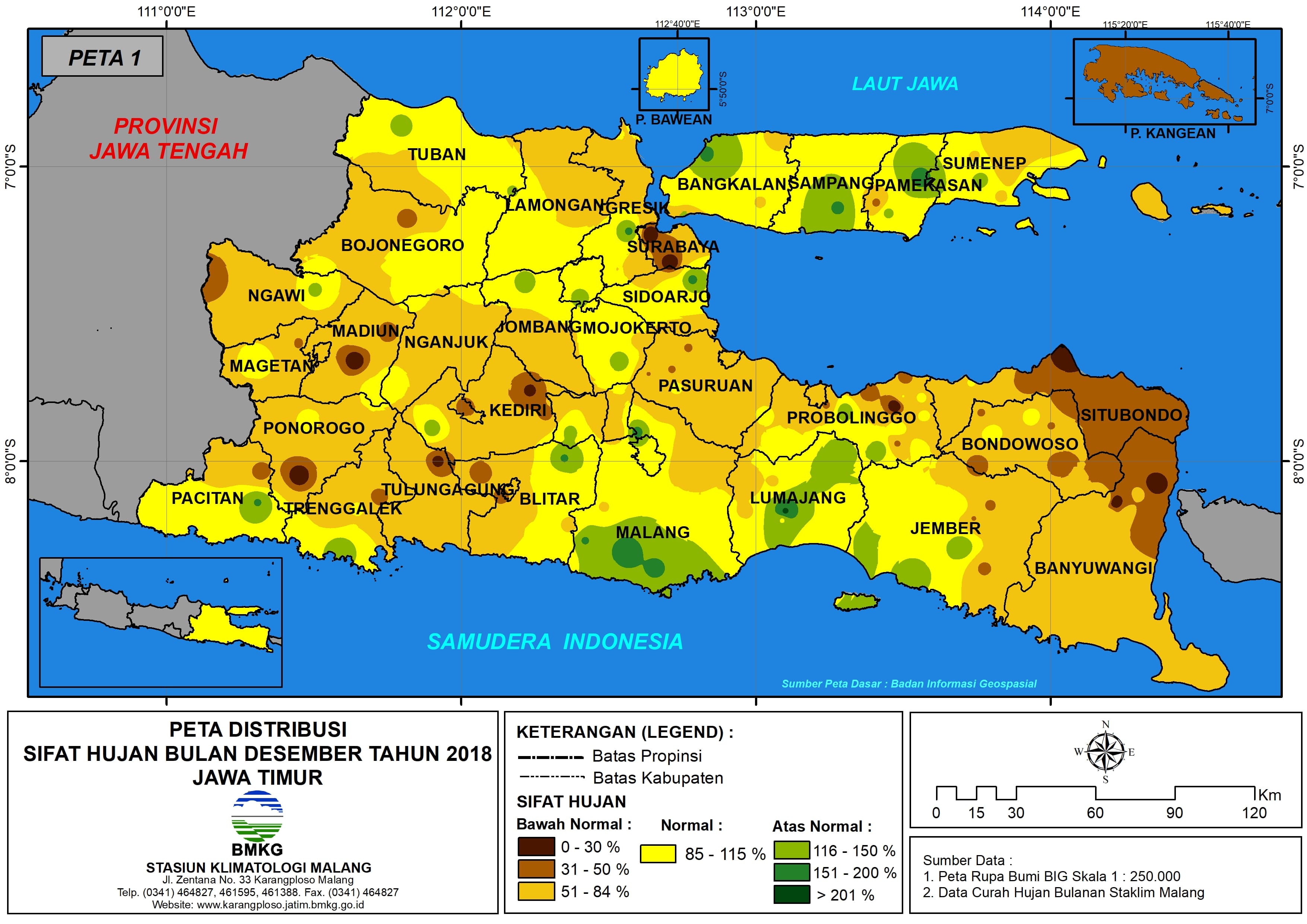 Peta Analisis Distribusi Sifat Hujan Bulan Desember Tahun 2018  di Propinsi Jawa Timur 