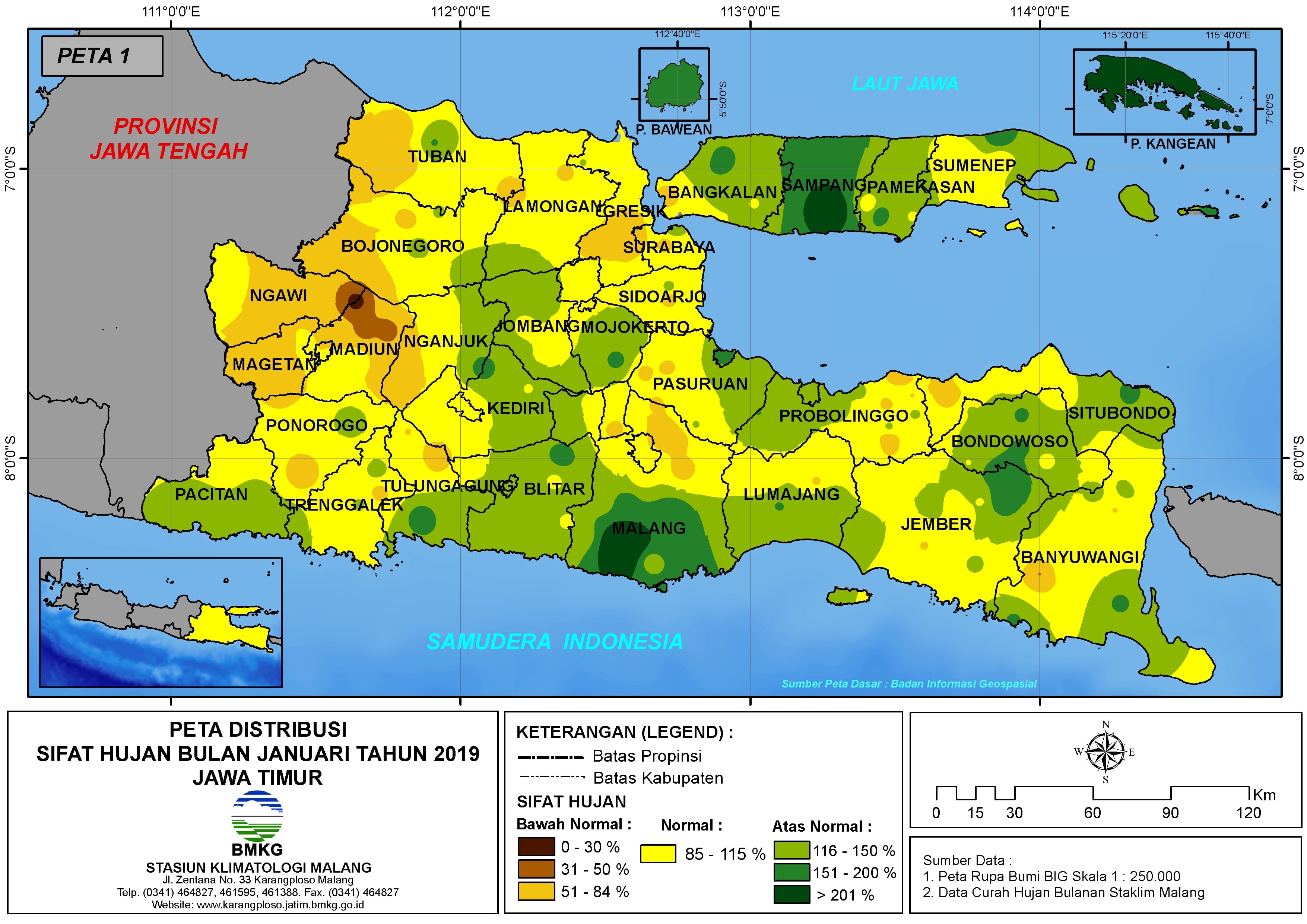 Peta Analisis Distribusi Sifat Hujan Bulan Januari Tahun 2019  di Propinsi Jawa Timur 