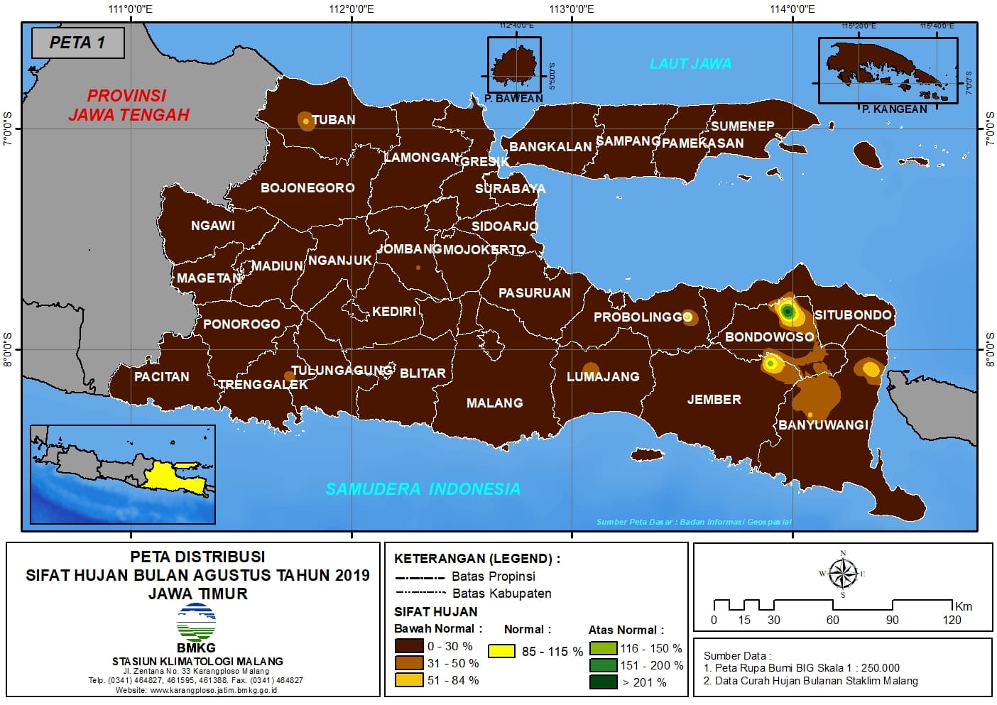 |Analisis - Bulanan| Distribusi Sifat Hujan Bulan Agustus Tahun 2019 di Provinsi Jawa Timur