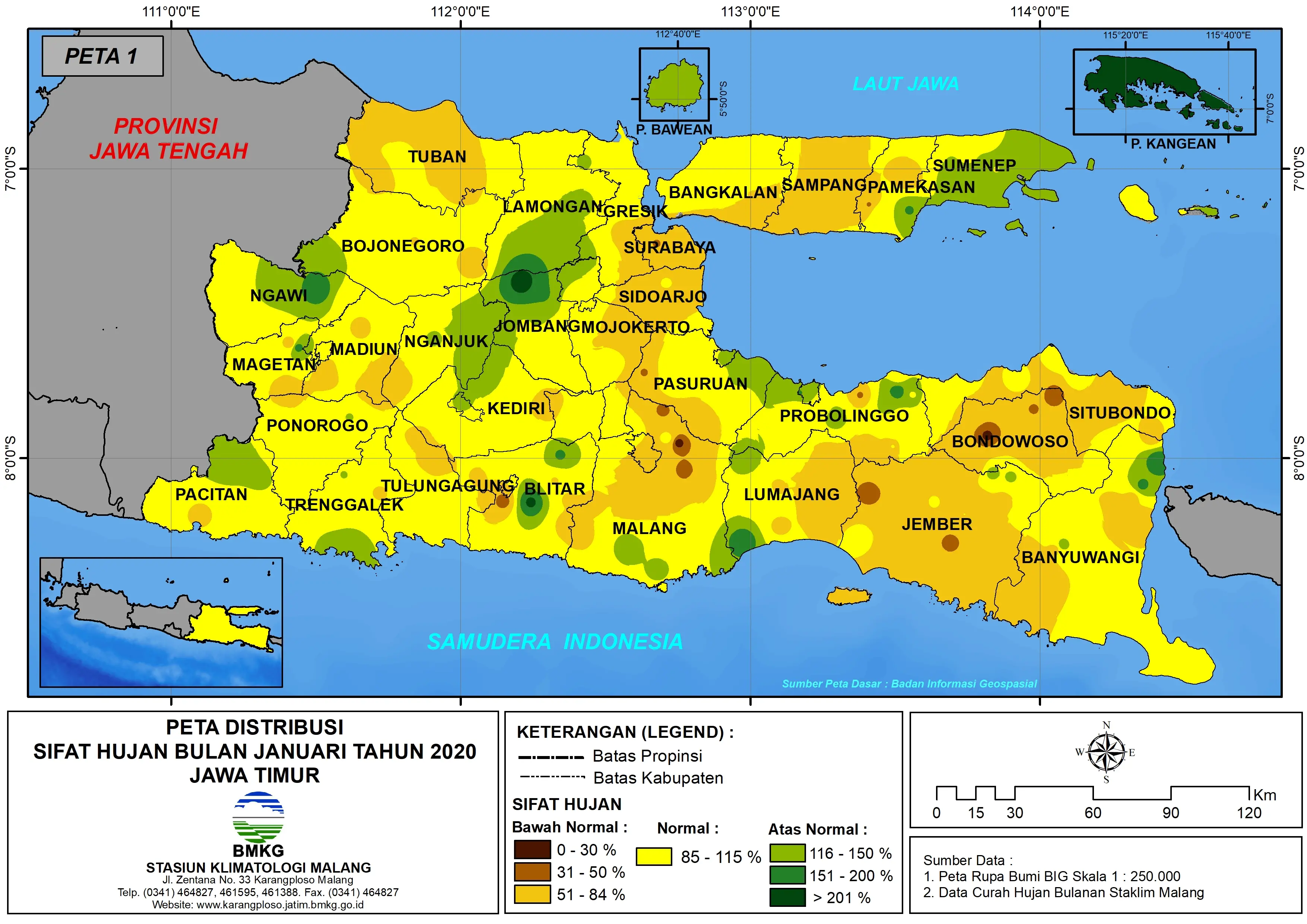 |Analisis - Bulanan| Distribusi SIFAT HUJAN Bulan Januari Tahun 2020 di Provinsi Jawa Timur