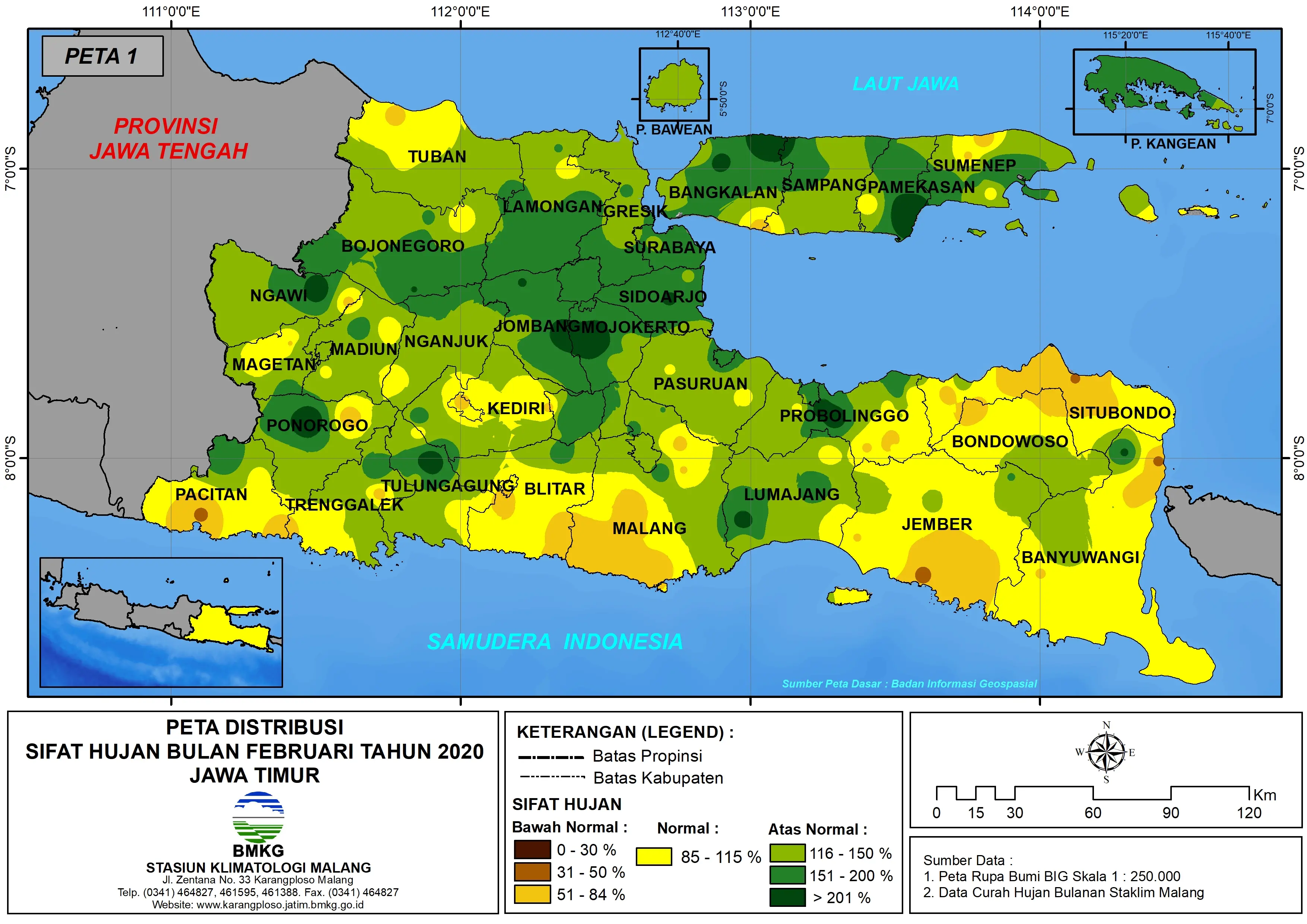 (Analisis - Bulanan) Distribusi SIFAT HUJAN Bulan Februari Tahun 2020 di Provinsi Jawa Timur