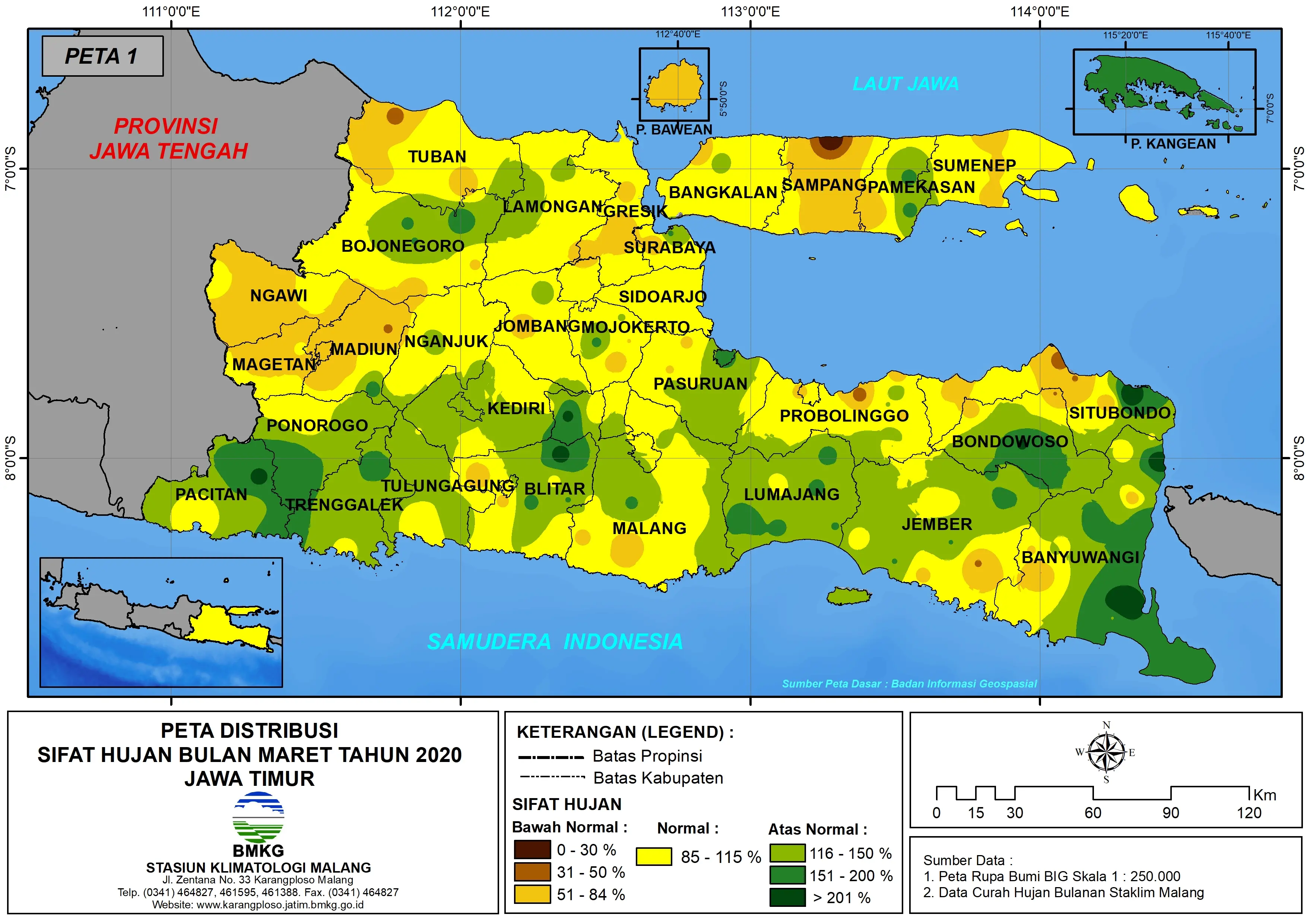 (Analisis - Bulanan) Distribusi Sifat Hujan Bulan Maret Tahun 2020 di Provinsi Jawa Timur