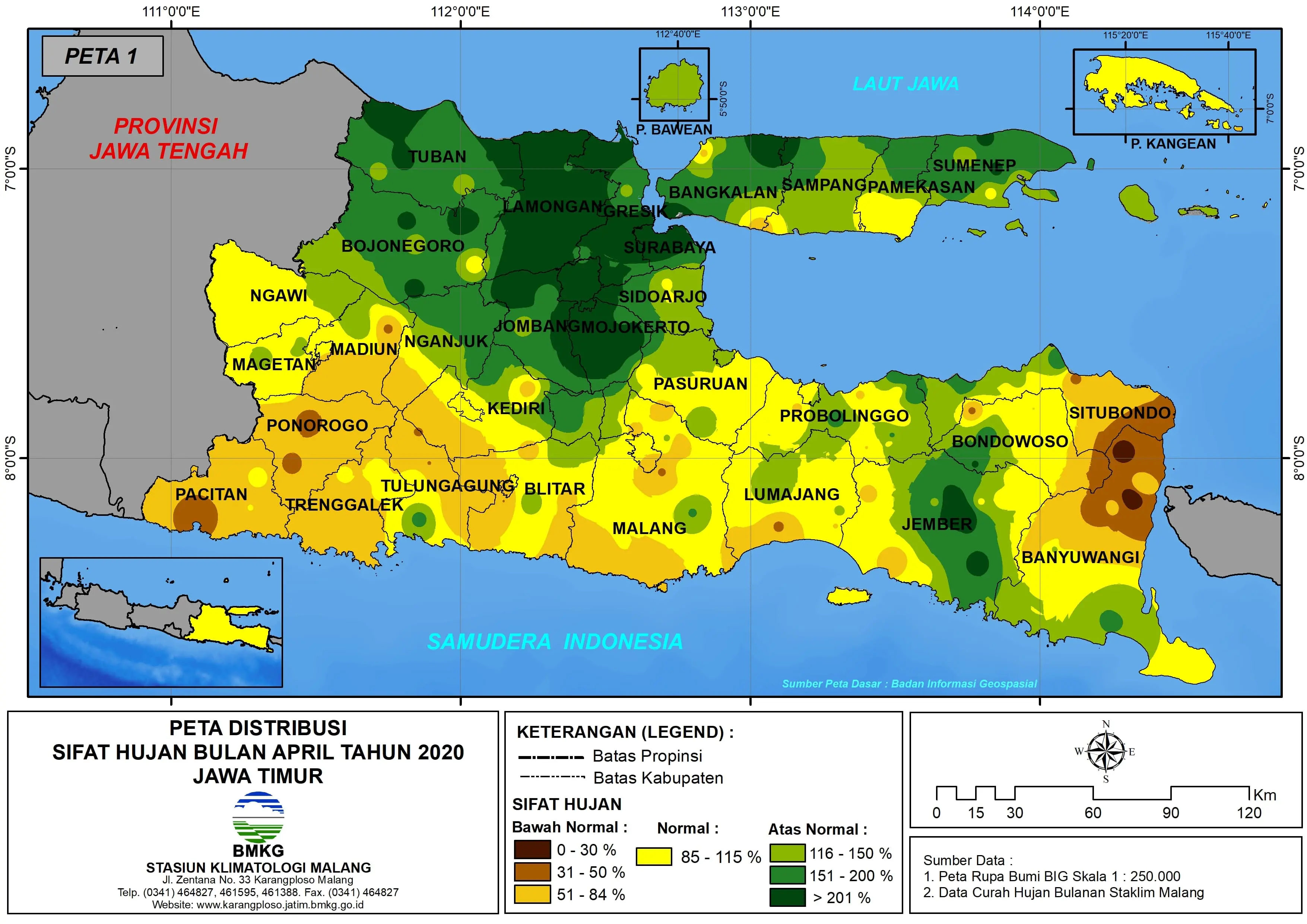 (Analisis - Bulanan) Distribusi Sifat Hujan Bulan April Tahun 2020 di Provinsi Jawa Timur