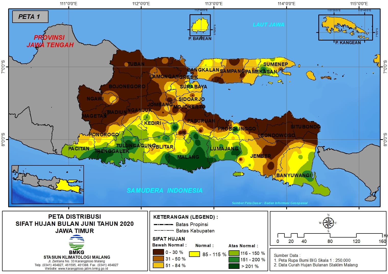(Analisis - Bulanan) Distribusi Sifat Hujan Bulan Juni Tahun 2020 di Provinsi Jawa Timur