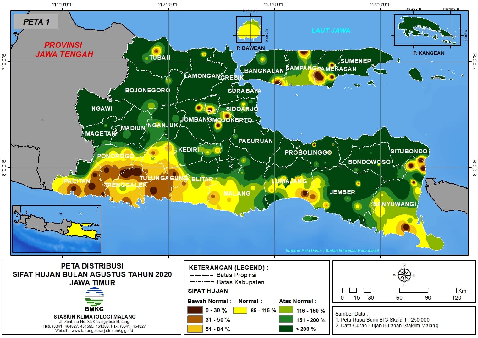 (Analisis - Bulanan) Distribusi Sifat Hujan Bulan Agustus Tahun 2020 di Provinsi Jawa Timur