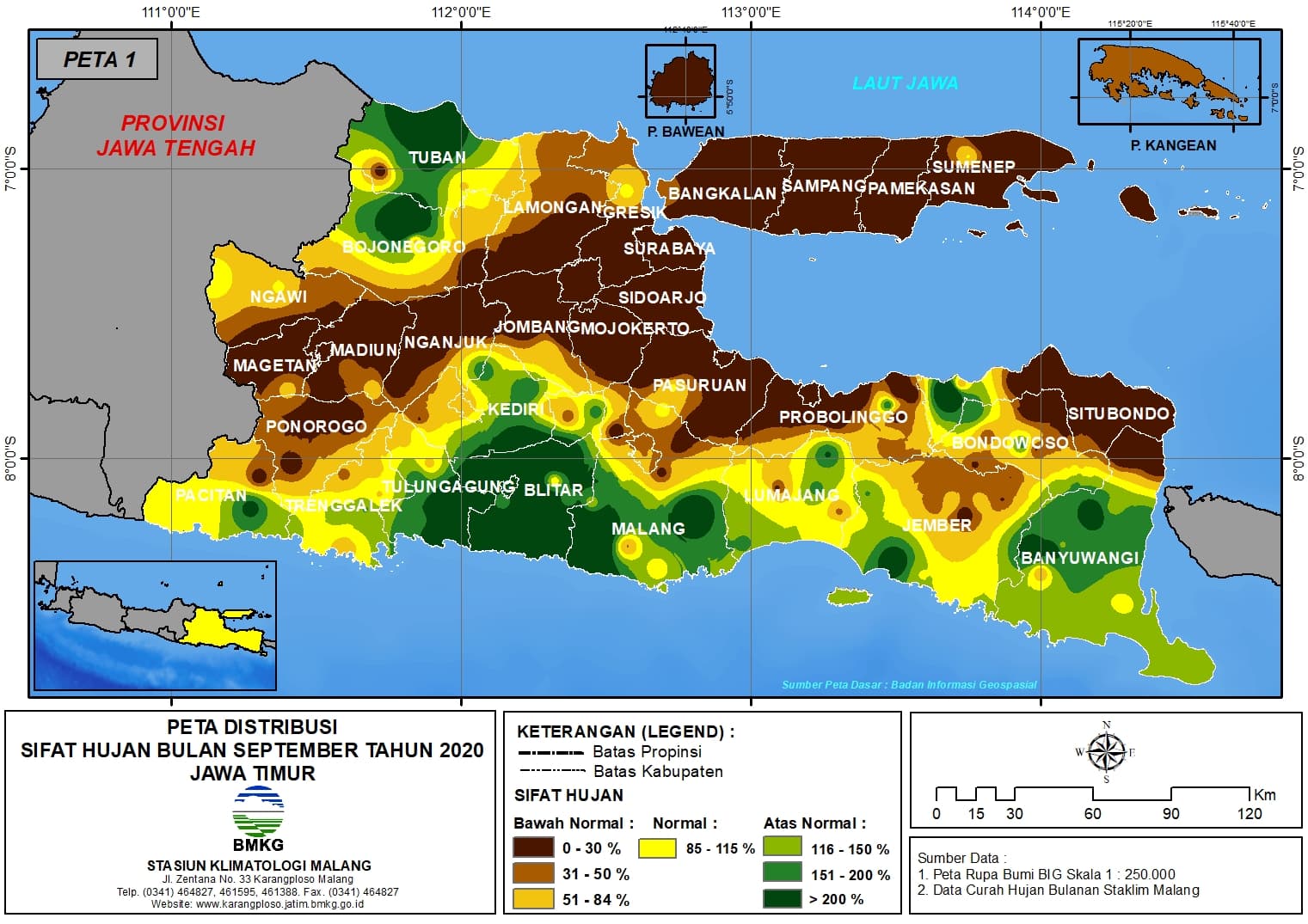 (Analisis - Bulanan) Distribusi Sifat Hujan Bulan September Tahun 2020 di Provinsi Jawa Timur